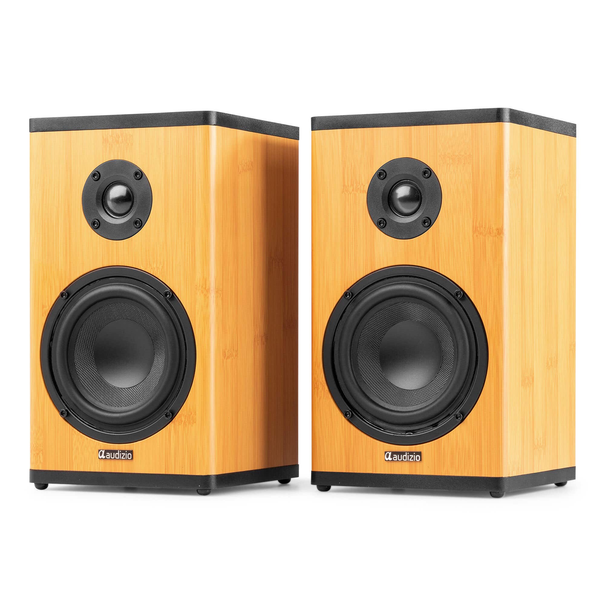 Audizio BS20 - Paire d’Enceintes Bibliothèque Actives BT sur Batterie 50W - Hi-Fi Sans Fil Nomade - Bambou