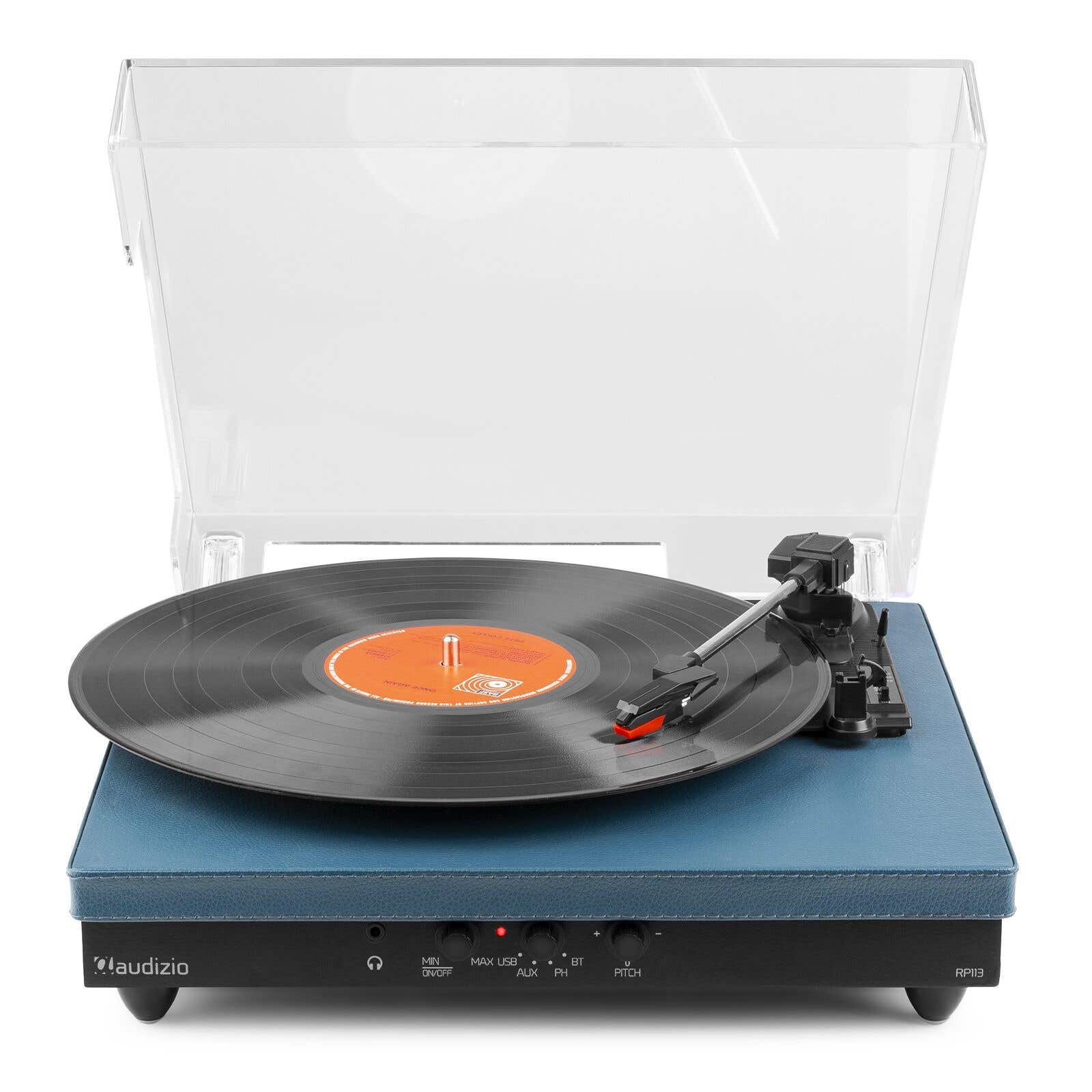 Audizio RP113D Platine Vinyle Cuir Bluetooth avec Haut-Parleurs Intégrés - Cuir Double Piqure Bleu Foncé