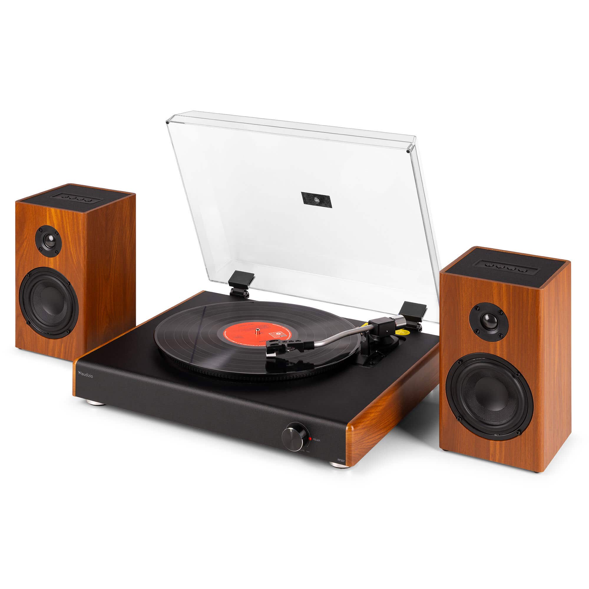 Audizio RP337W - Platine Vinyle Noyer - Vintage avec enceintes sans fil BT indépendantes et mobiles, Lecteur 3 vitesses, USB et Bluetooth 