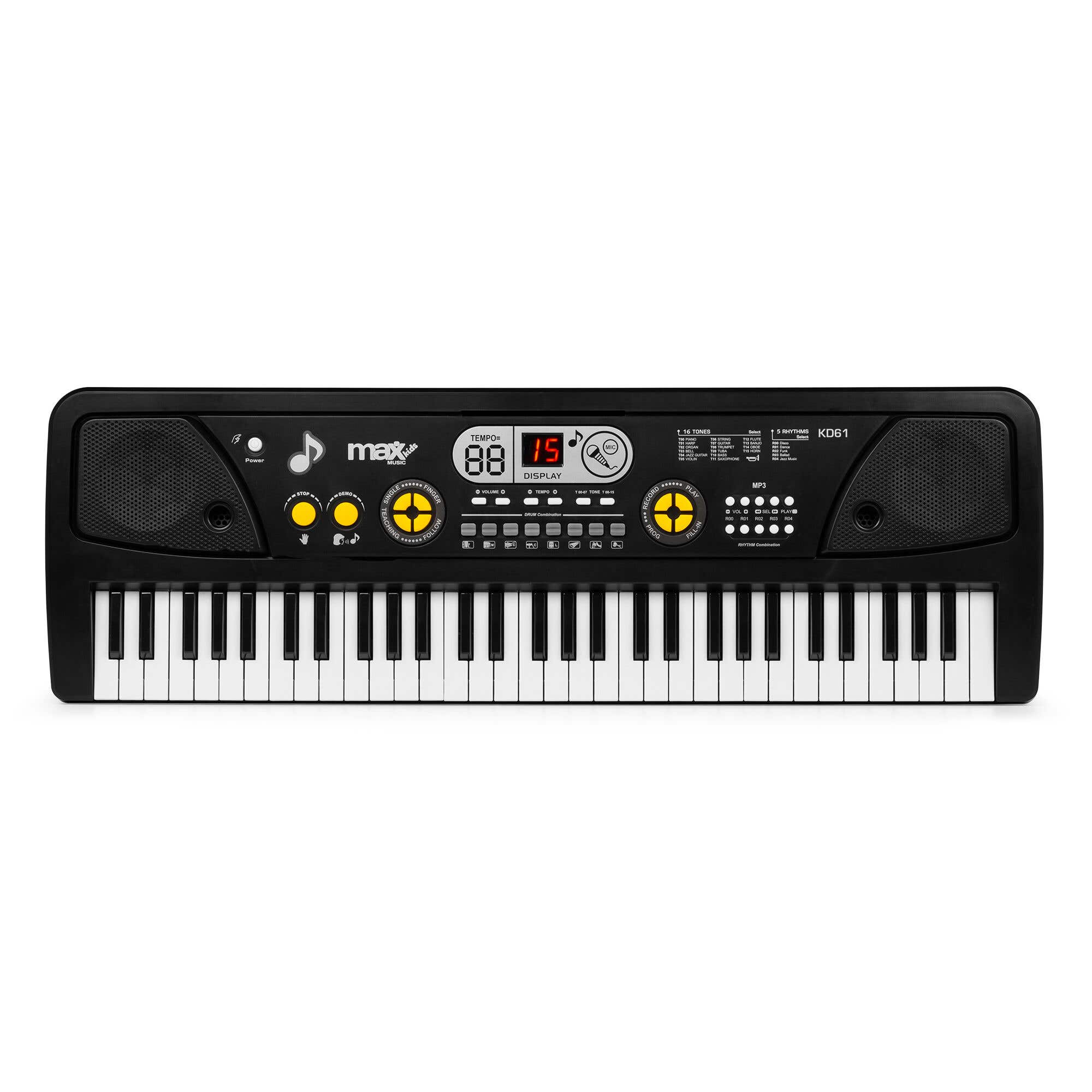 MAX KD61 - Clavier Électronique Noir 61 Touches Portable avec Batterie Rechargeable | 200 Sons, 200 Rythmes & Haut-Parleurs Intégrés
