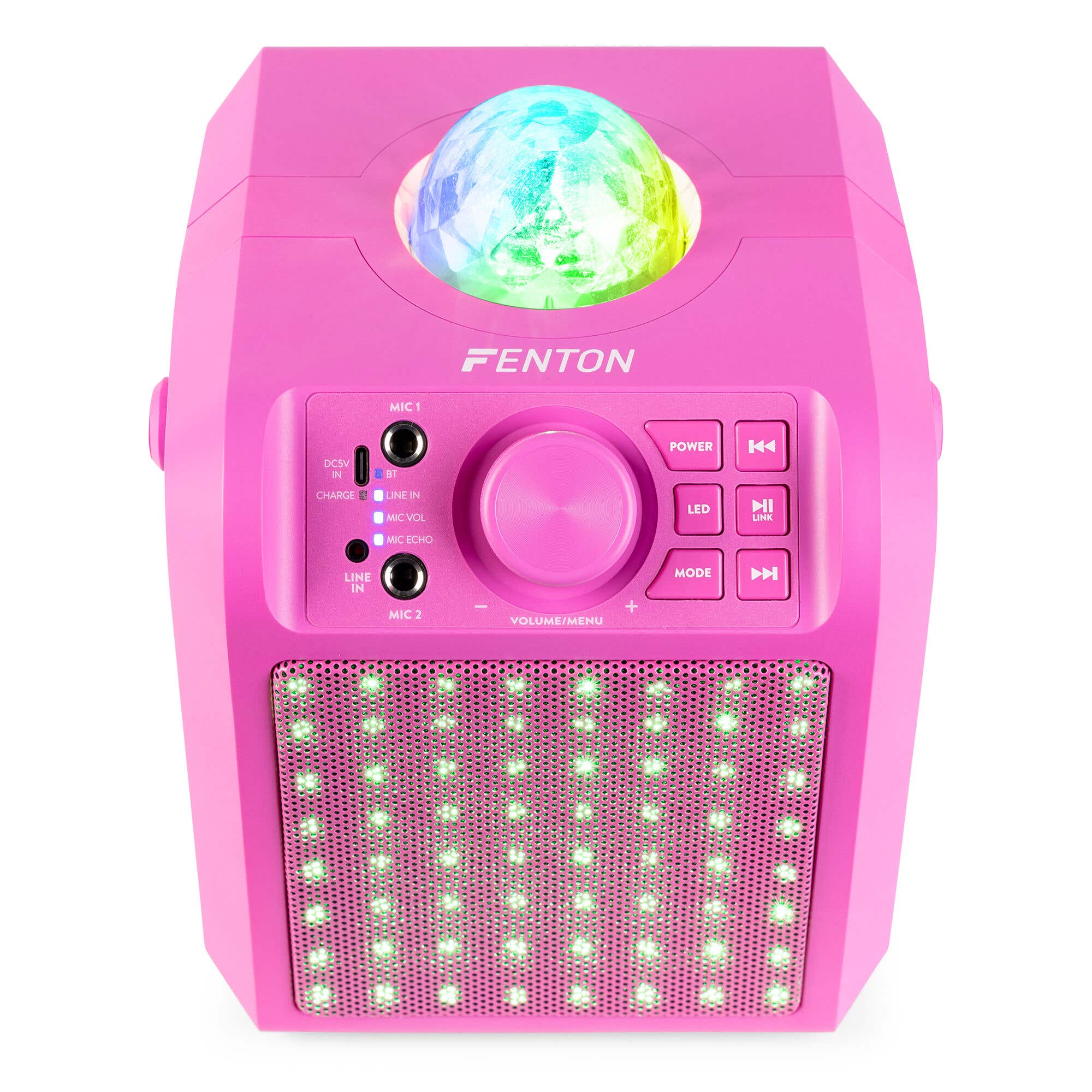 Fenton KAR55P Enceinte Karaoké Enfant Bluetooth avec Façade Lumineuse et Jelly Ball 50 Watts - Rose