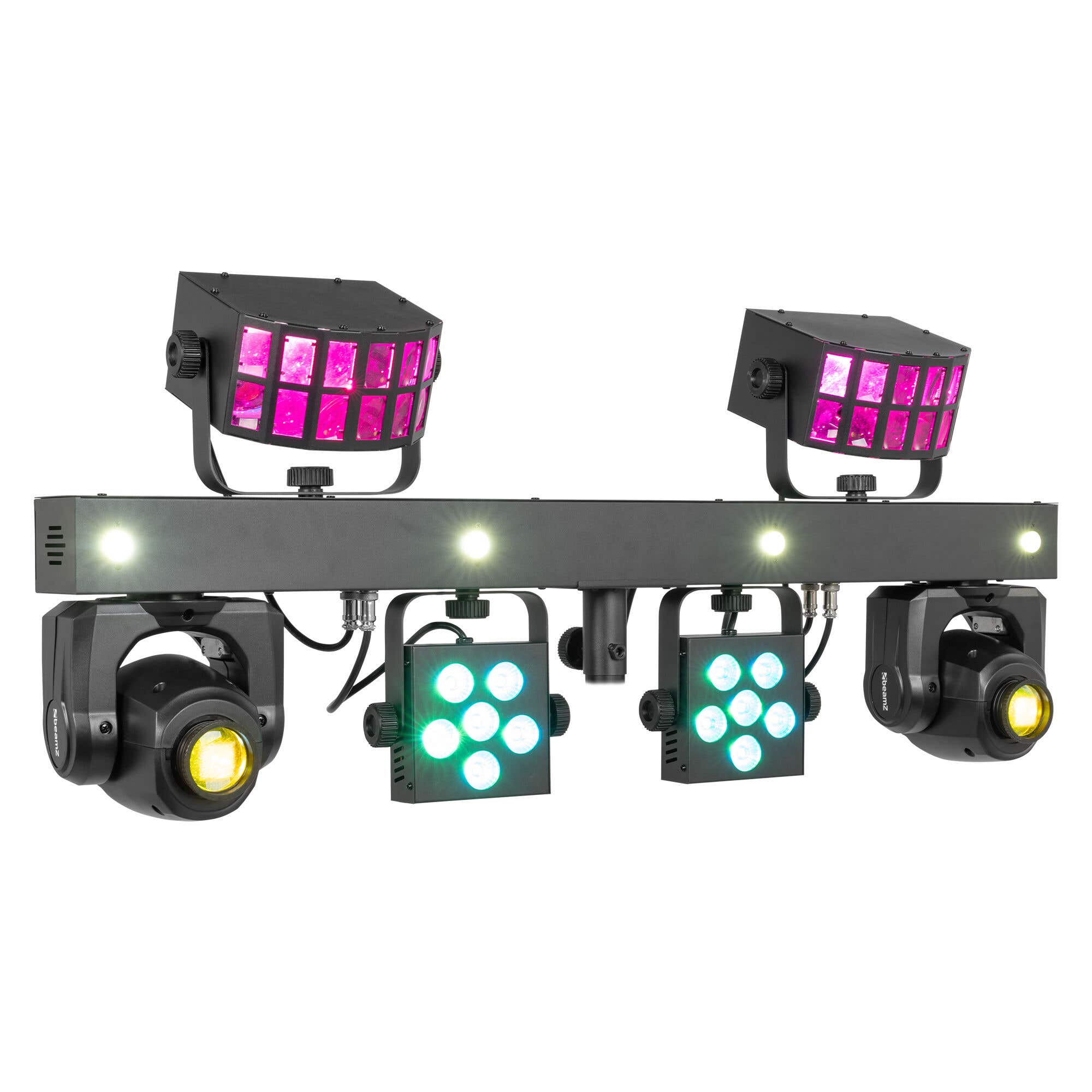 BeamZ Showbar GO Shine - Barre 4 Lyres LED RGBW 160W avec Anneaux LED + Pied - Éclairage DJ Scène