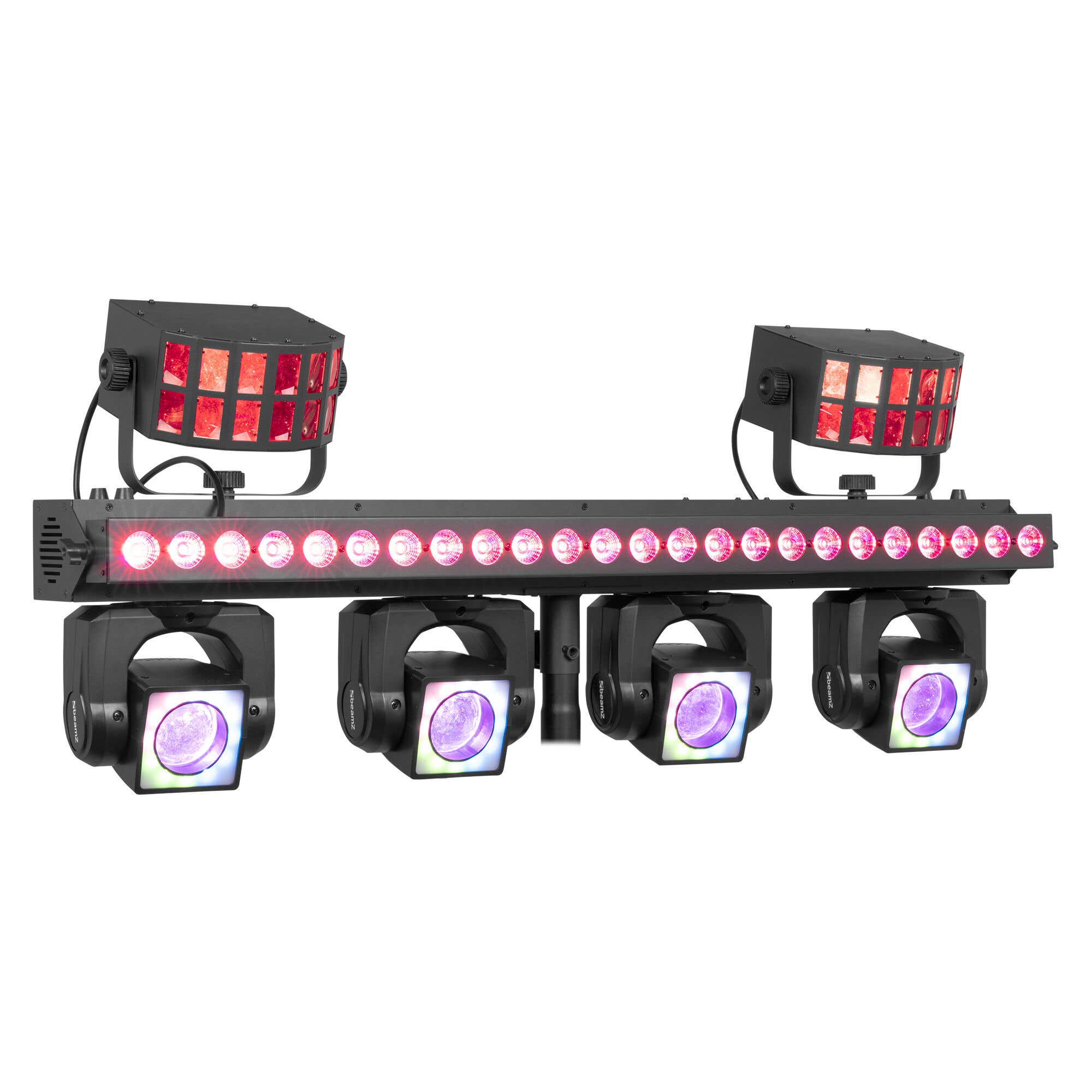 BeamZ Showbar GO Ultra - Barre 4 Lyres LED RGBW 160W avec Barre LED, Derby et Anneaux LED - Éclairage DJ Scène Complet