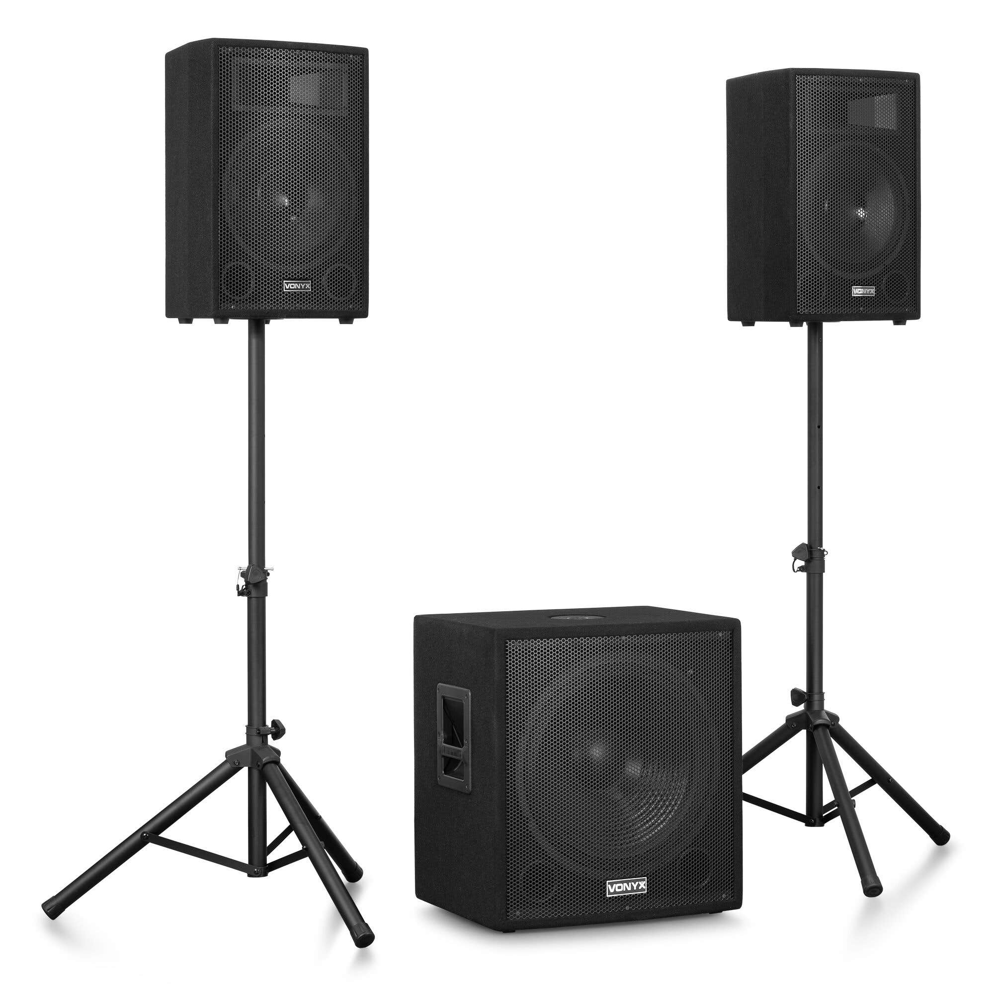 Vonyx VX1218BT Pack Sono DJ - Set d'Enceintes Actives 2.1 avec Caisson de Basses 18 Pouces - 1200W