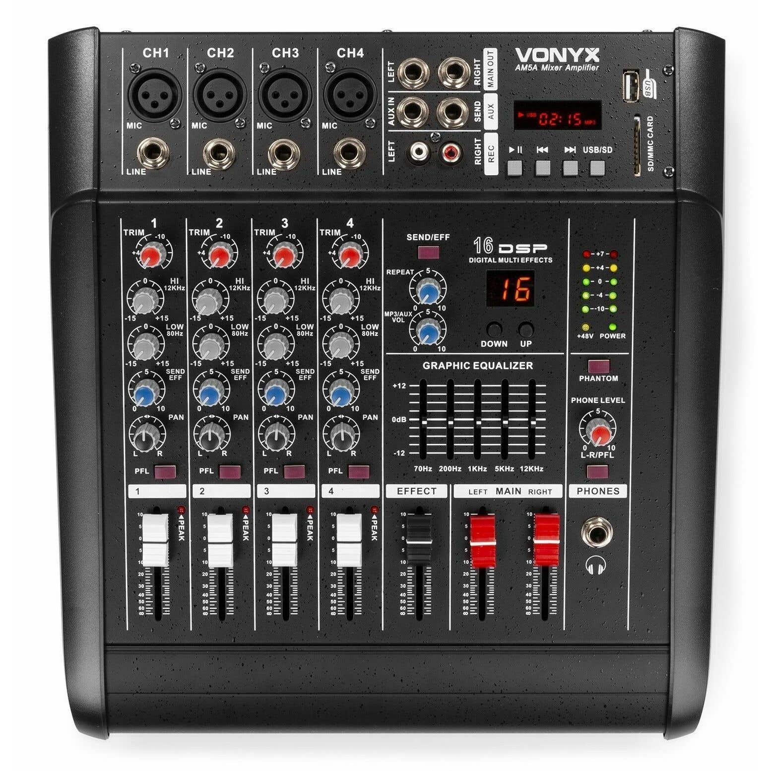 Vonyx AM5A - Console de Mixage 5 Canaux, Amplificateur Intégré, BT/MP3/USB/SD
