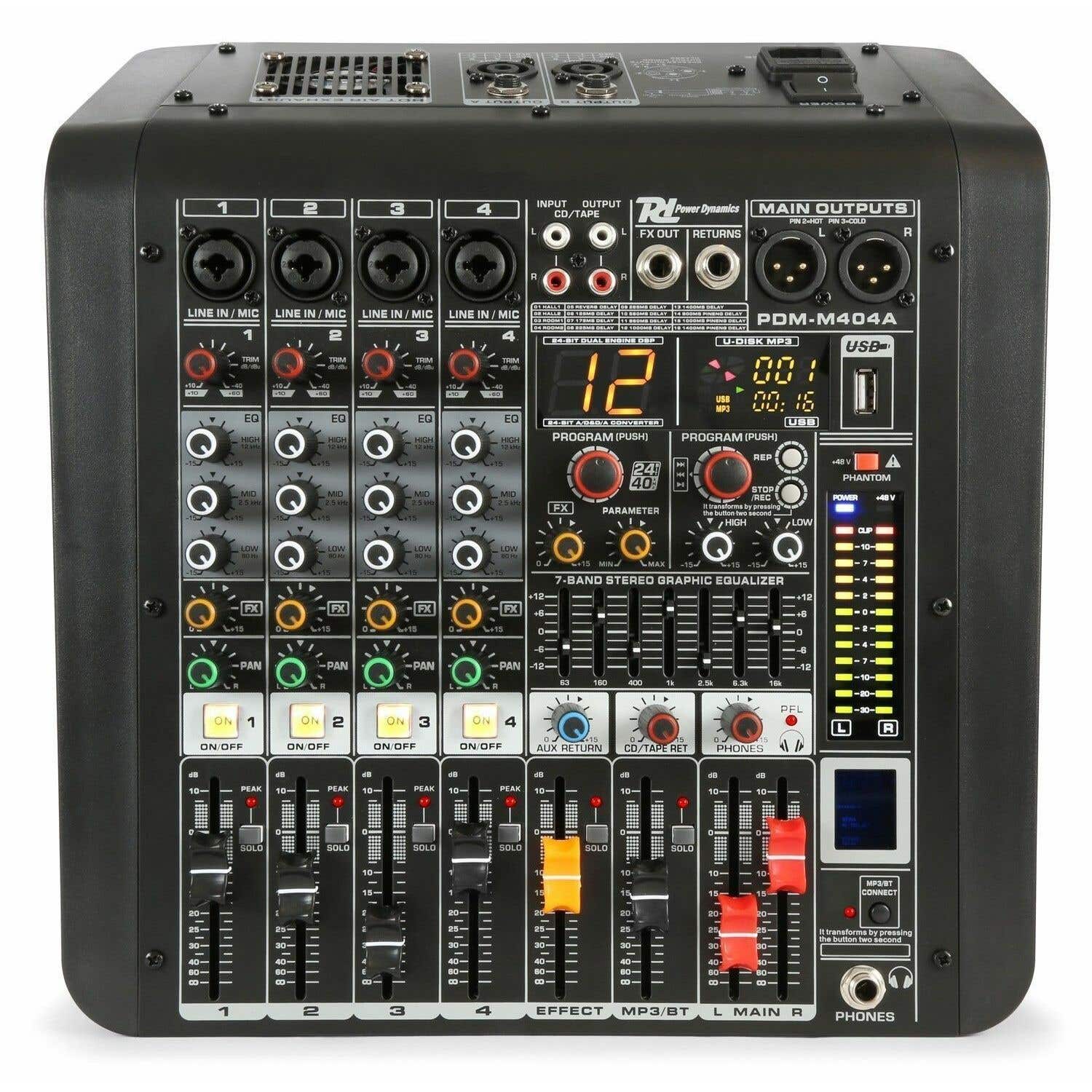 Power Dynamics PDM-M404A - Console de Mixage Amplifiée 4 Canaux, 2x 200W RMS, USB, Bluetooth