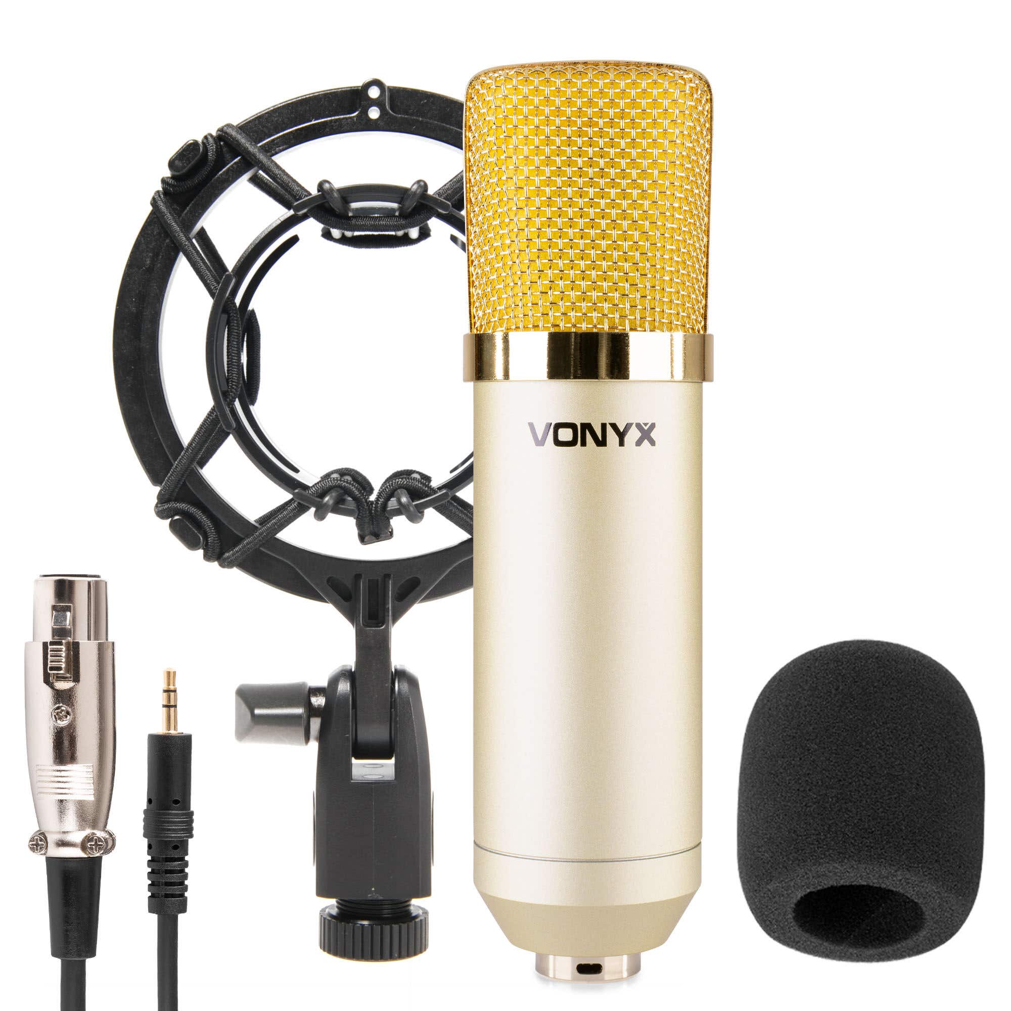 Vonyx CM400C - Microphone à condensateur de studio avec suspension antichoc & filtre anti-pop | Doré