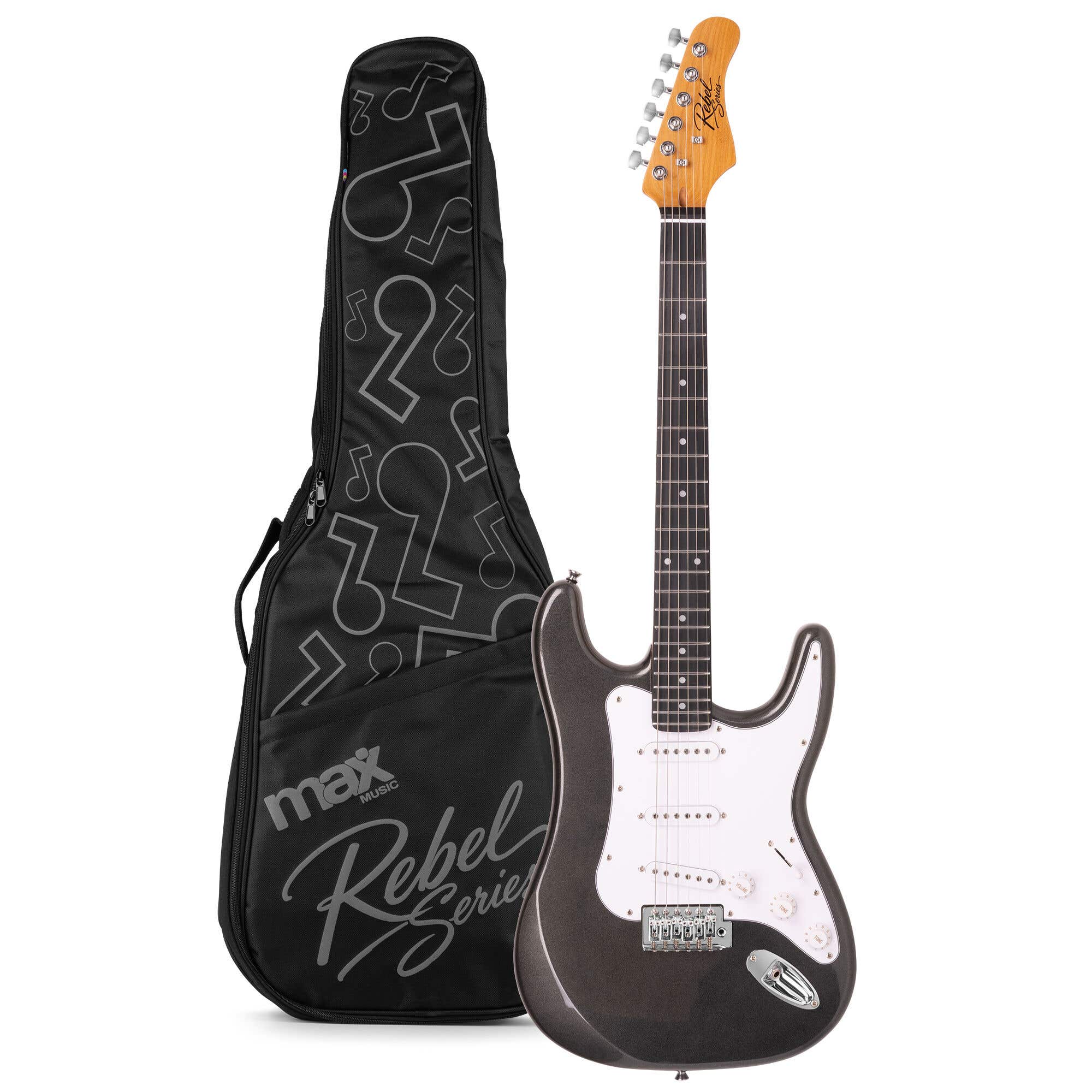 MAX Rebel ST Guitare Électrique, Manche en Érable Torréfié avec 22 Frettes, Housse Rembourrée Incluse, Noir Métallisé