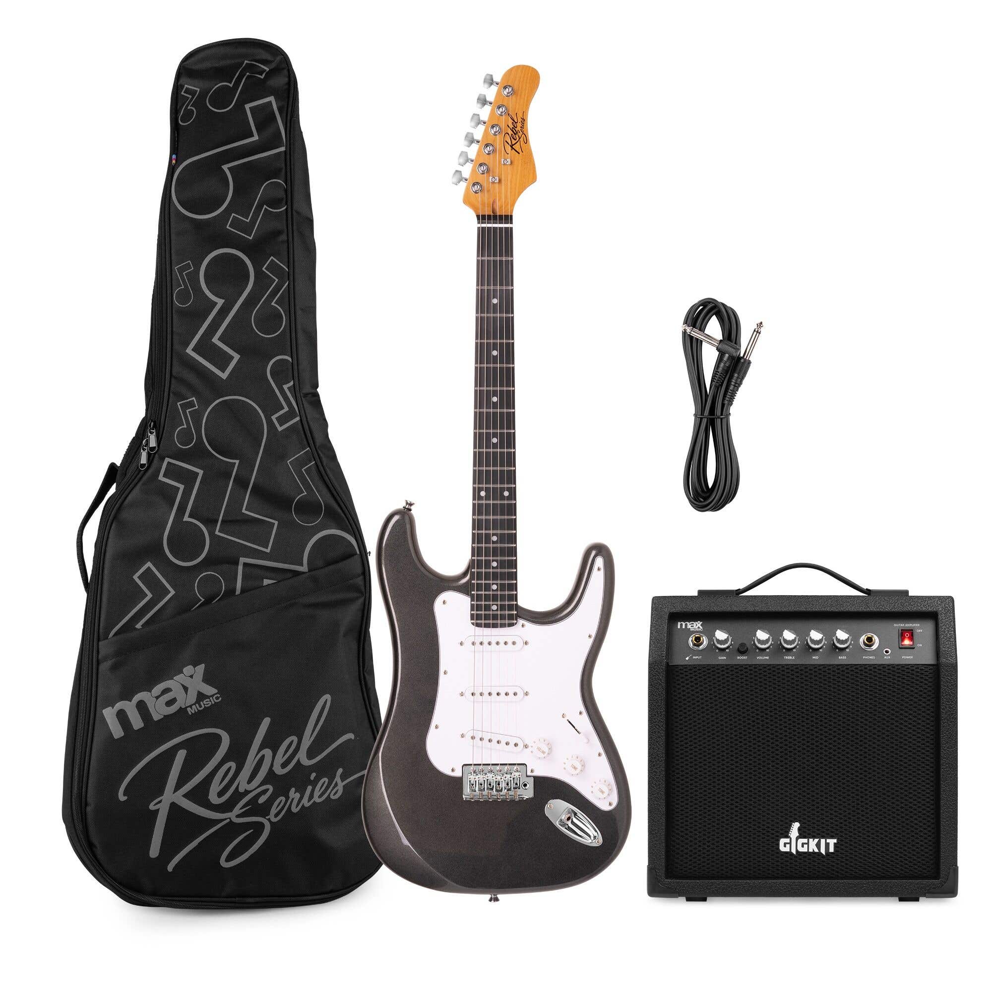 MAX Rebel ST Pack Guitare Électrique, Manche en Érable Torréfié, Housse et Amplificateur inclus, Noir Métallisé