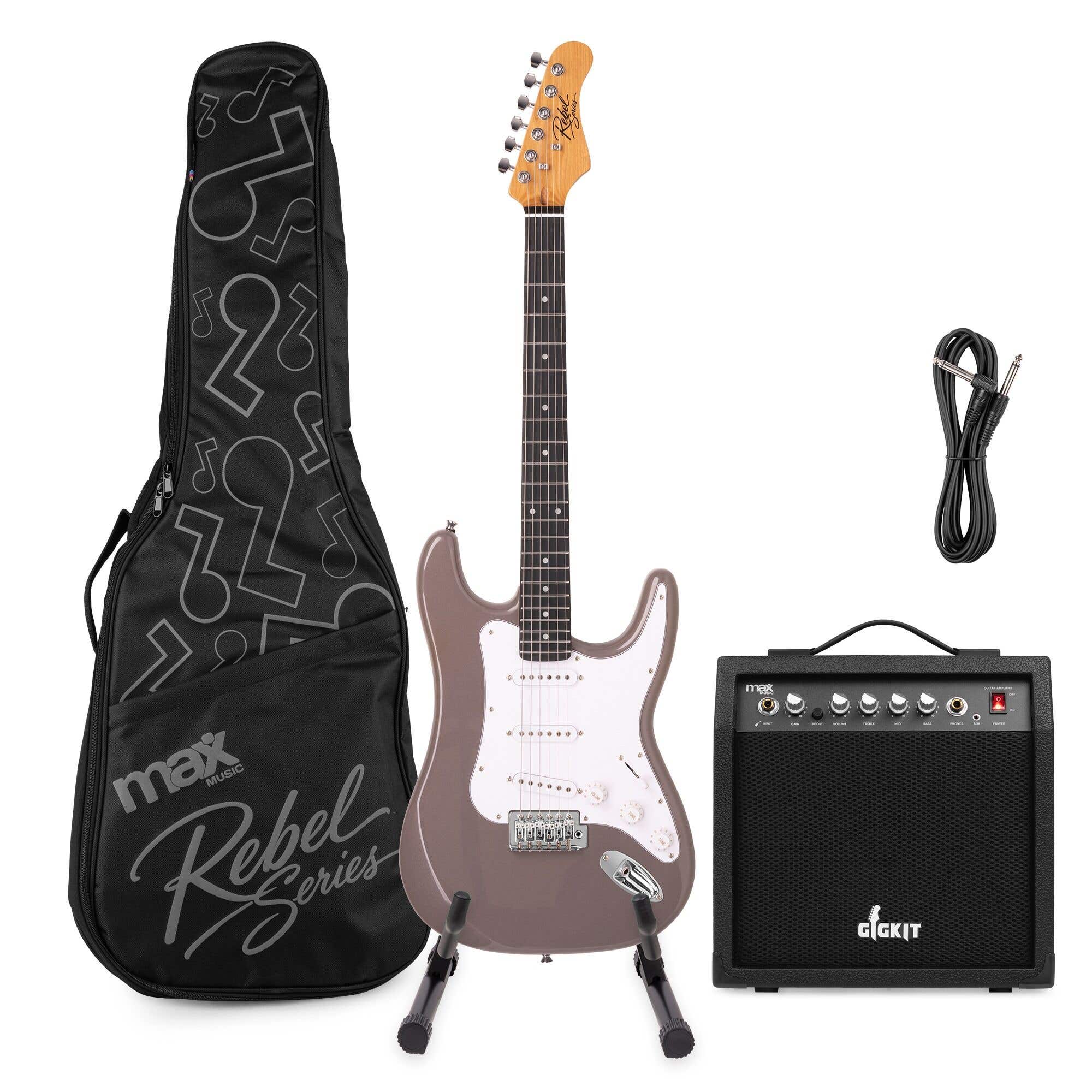 MAX Rebel ST Pack Guitare Électrique, Manche en Érable Torréfié, Housse, Amplificateur et Stand Inclus, Gris Gunmetal