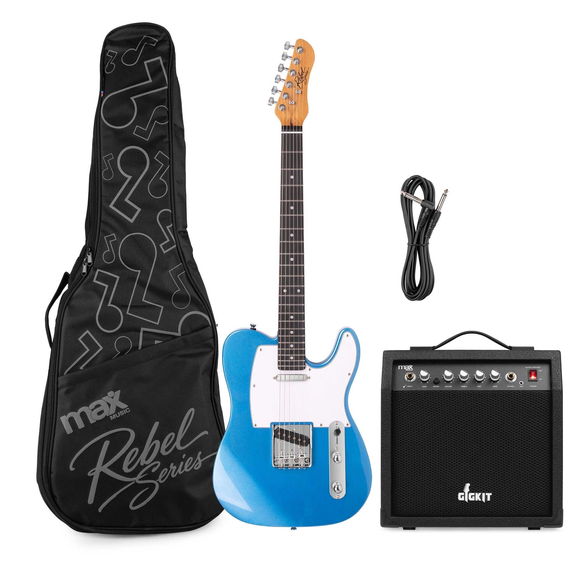 MAX Rebel TE Pack Guitare Électrique, Manche en Érable Torréfié, Housse et Amplificateur inclus, Bleu Métallisé