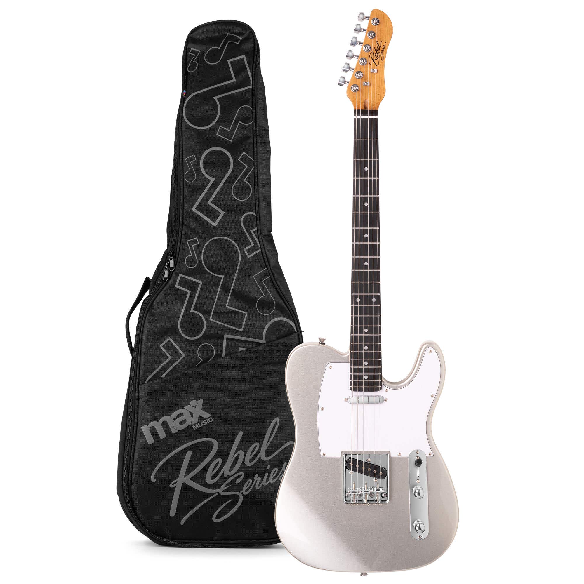 MAX Rebel TE Guitare Électrique, Manche en Érable Torréfié avec 22 Frettes, Housse Rembourrée Incluse, Argent