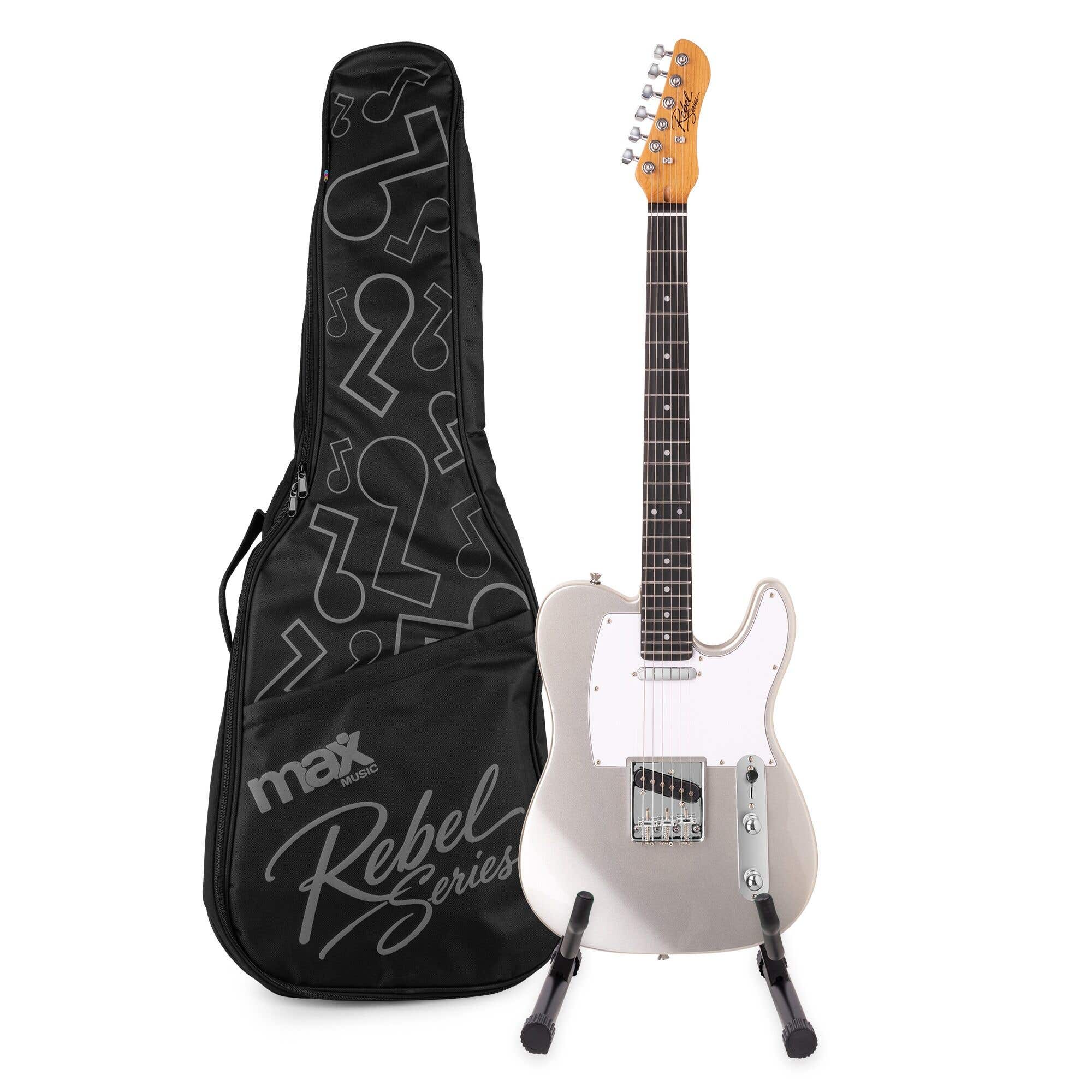 MAX Rebel TE Pack Guitare Électrique, Manche en Érable Torréfié, Housse et Stand Inclus, Argent