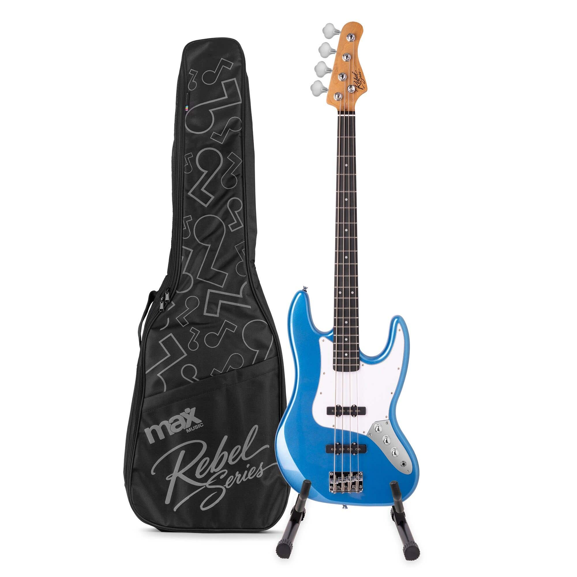 MAX Rebel JB Pack Basse Électrique, Manche en Érable Torréfié, Housse et Stand Inclus, Bleu Métallisé