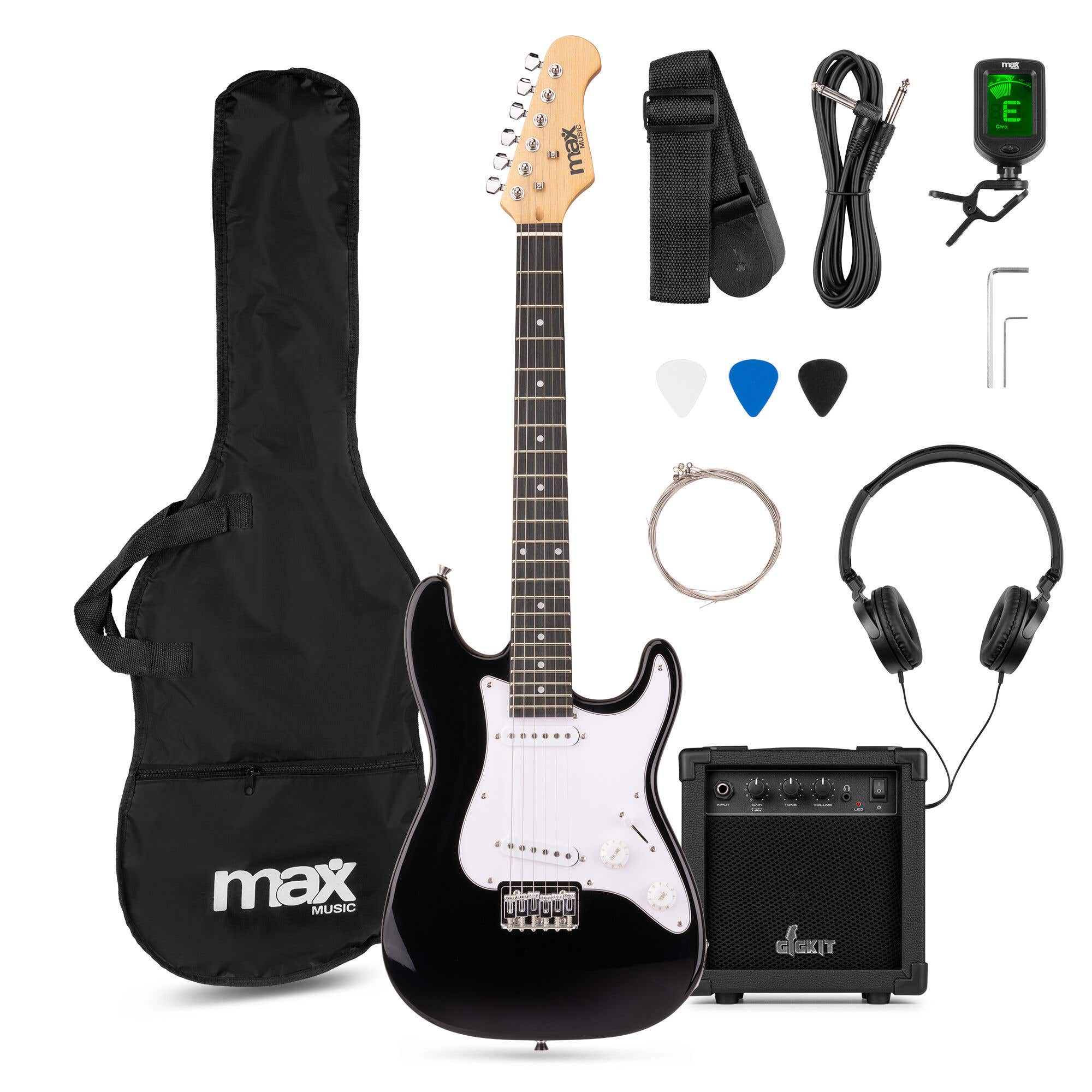 Max GigKit Junior 3/4 - Guitare Électrique Enfant Noire avec Ampli 20W et Accessoires - Kit Débutant 8 à 12 Ans