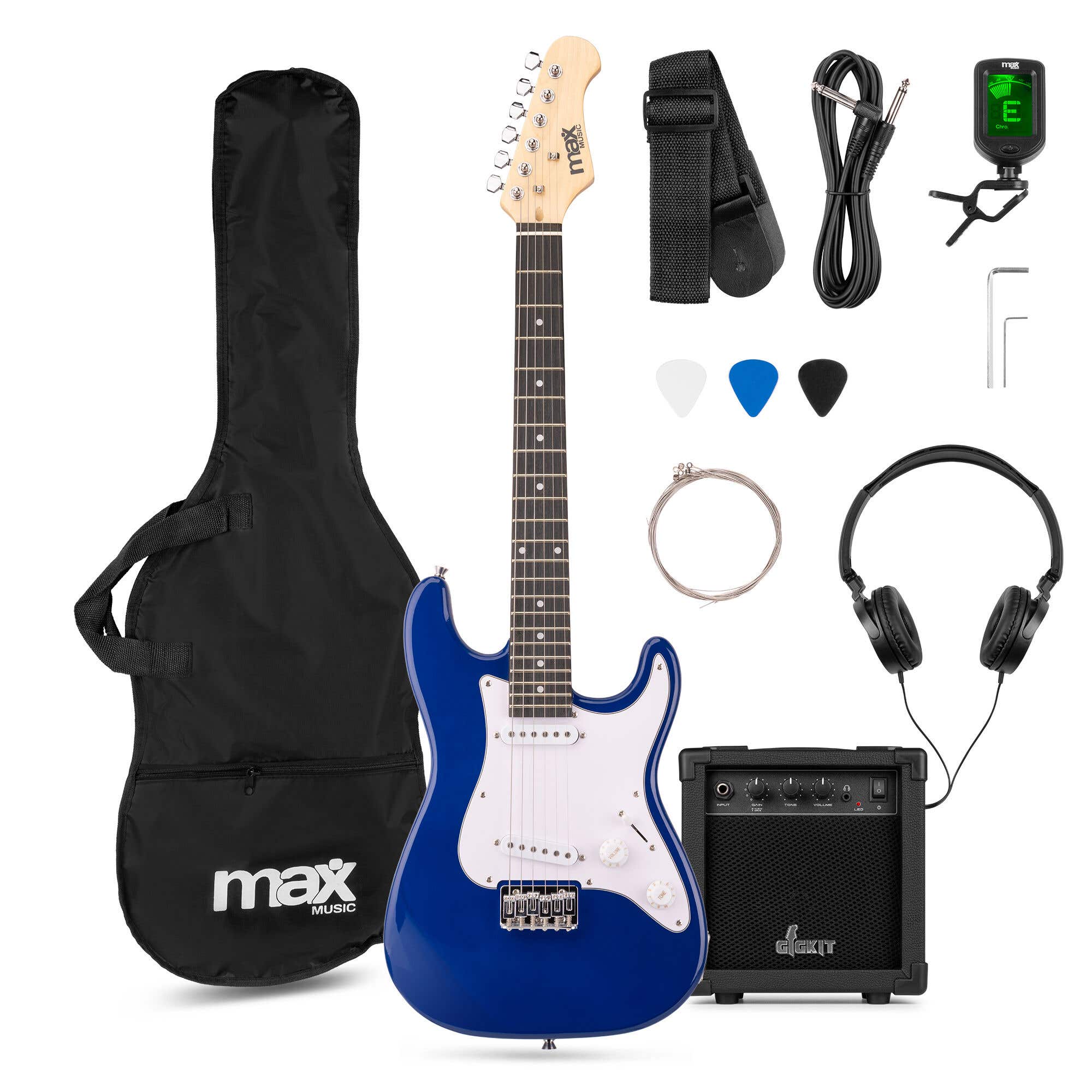 Max GigKit Junior 3/4 - Guitare Électrique Enfant Bleue avec Ampli 20W et Accessoires - Kit Débutant 8 à 12 Ans