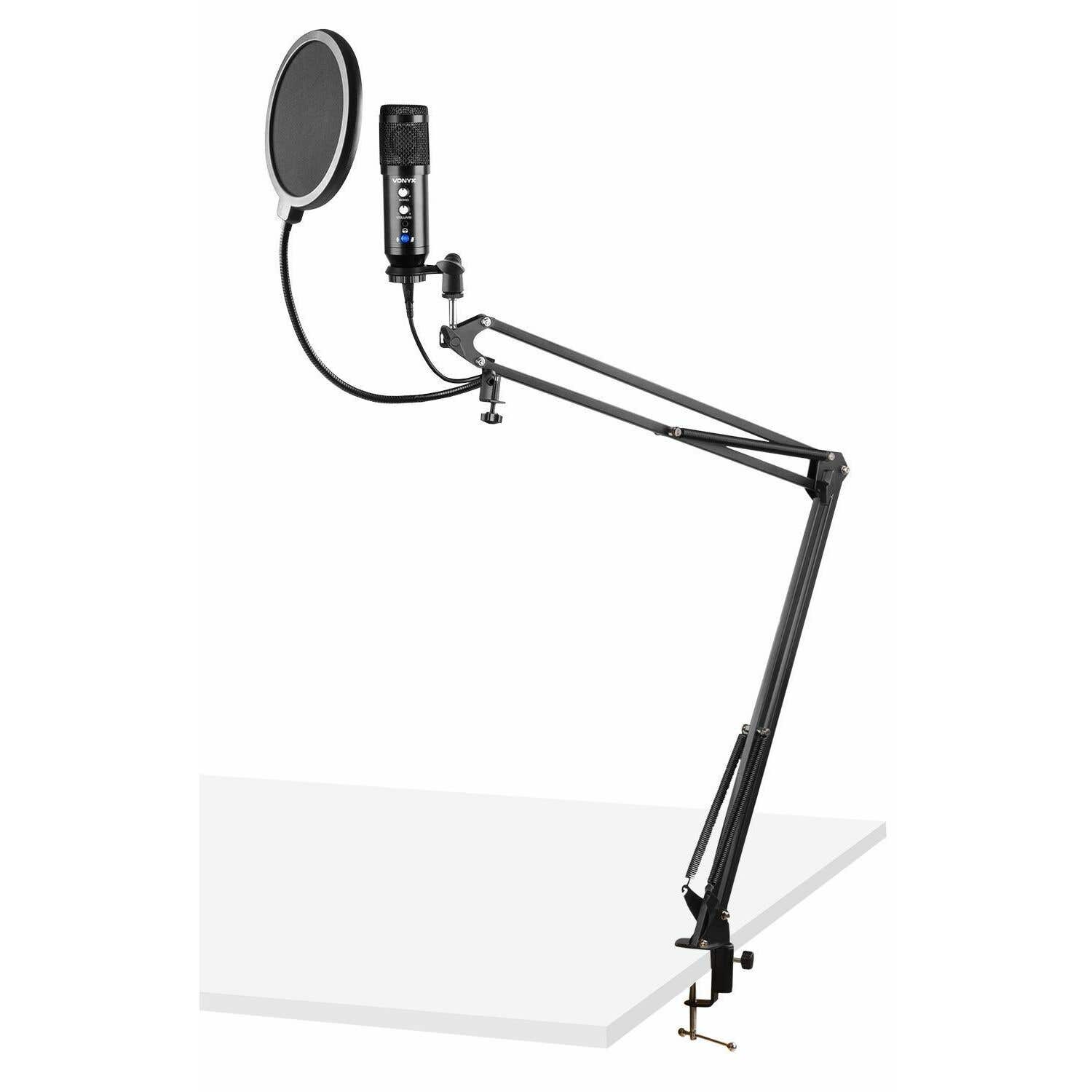 Vonyx CMS320B - Microphone Studio USB avec Bras Articulé Réglable et Filtre Anti-Pop - Noir