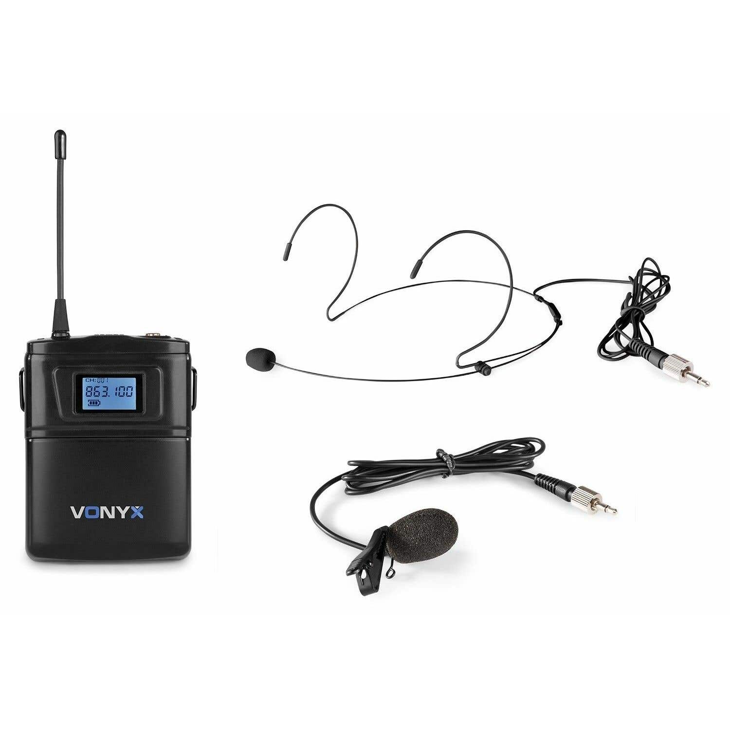 Vonyx WM60B - Bodypack UHF 16 canaux pour Série WM6 | Émetteur ceinture avec écran LCD et micros inclus