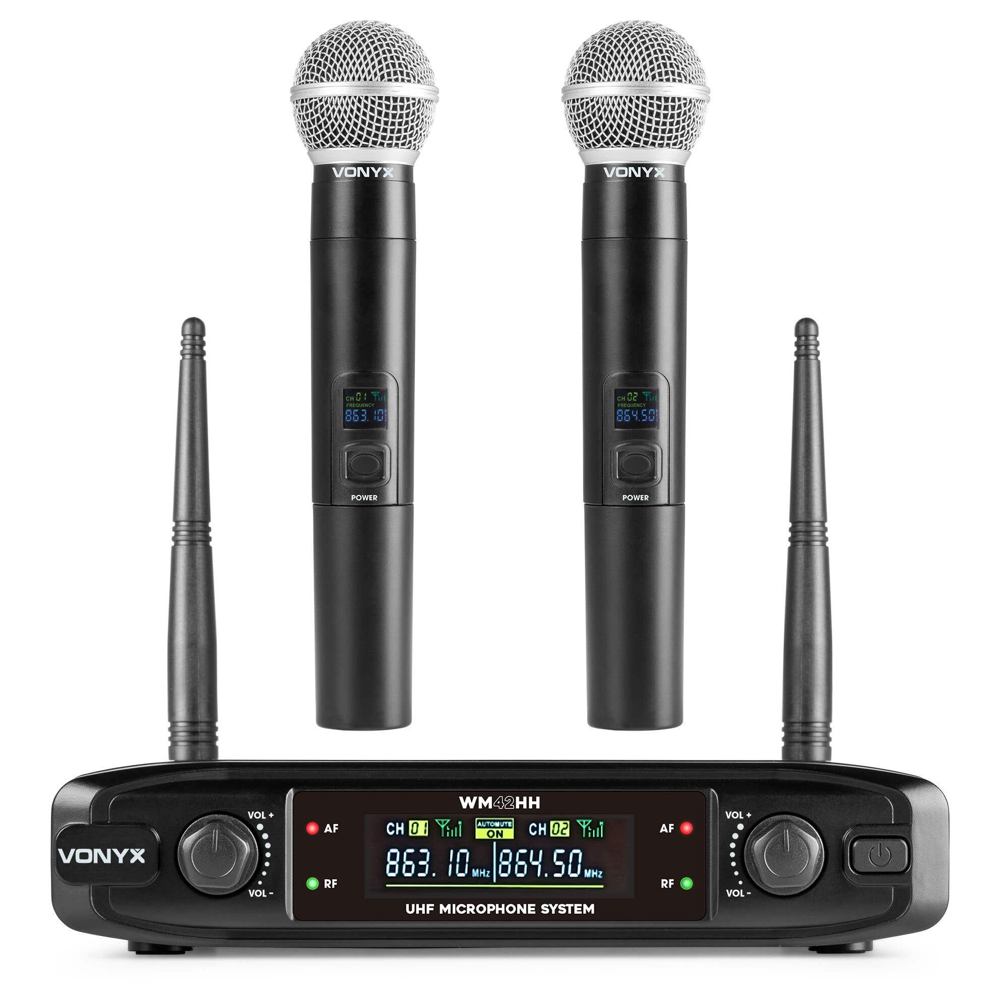 Vonyx WM42HH – 2 Micros Sans Fil UHF avec Récepteur Double Canal pour Chant et Discours