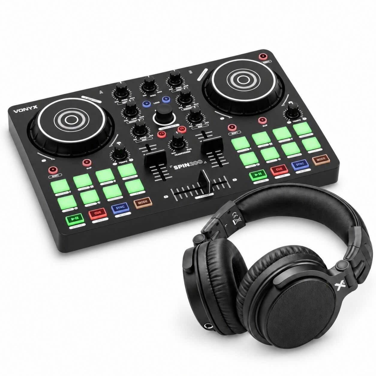 Vonyx Spin200 - Controleur DJ MIDI 2 Canaux avec Virtual DJ LE et Casque DJ