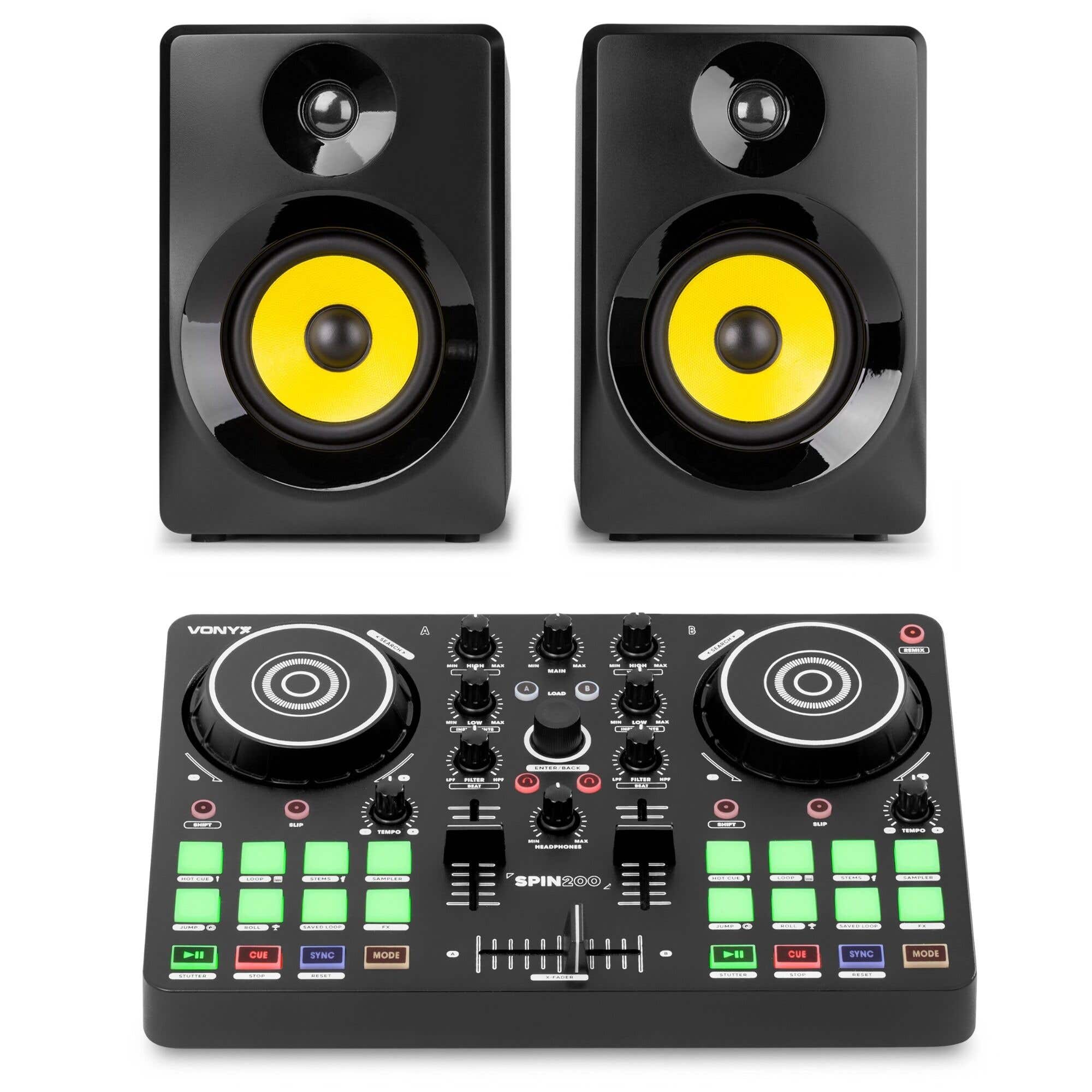 Vonyx Spin200 - Controleur DJ MIDI 2 Canaux avec Virtual DJ LE et Paire d’Enceintes