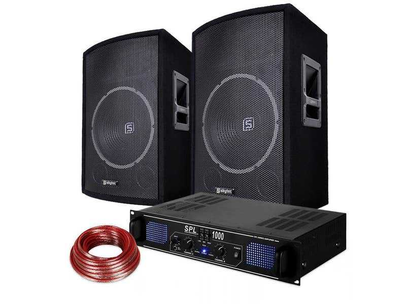 SkyTec DJ - 2 Enceintes 15 Pouces, Amplificateur et Câble Inclus, Puissance 1000W