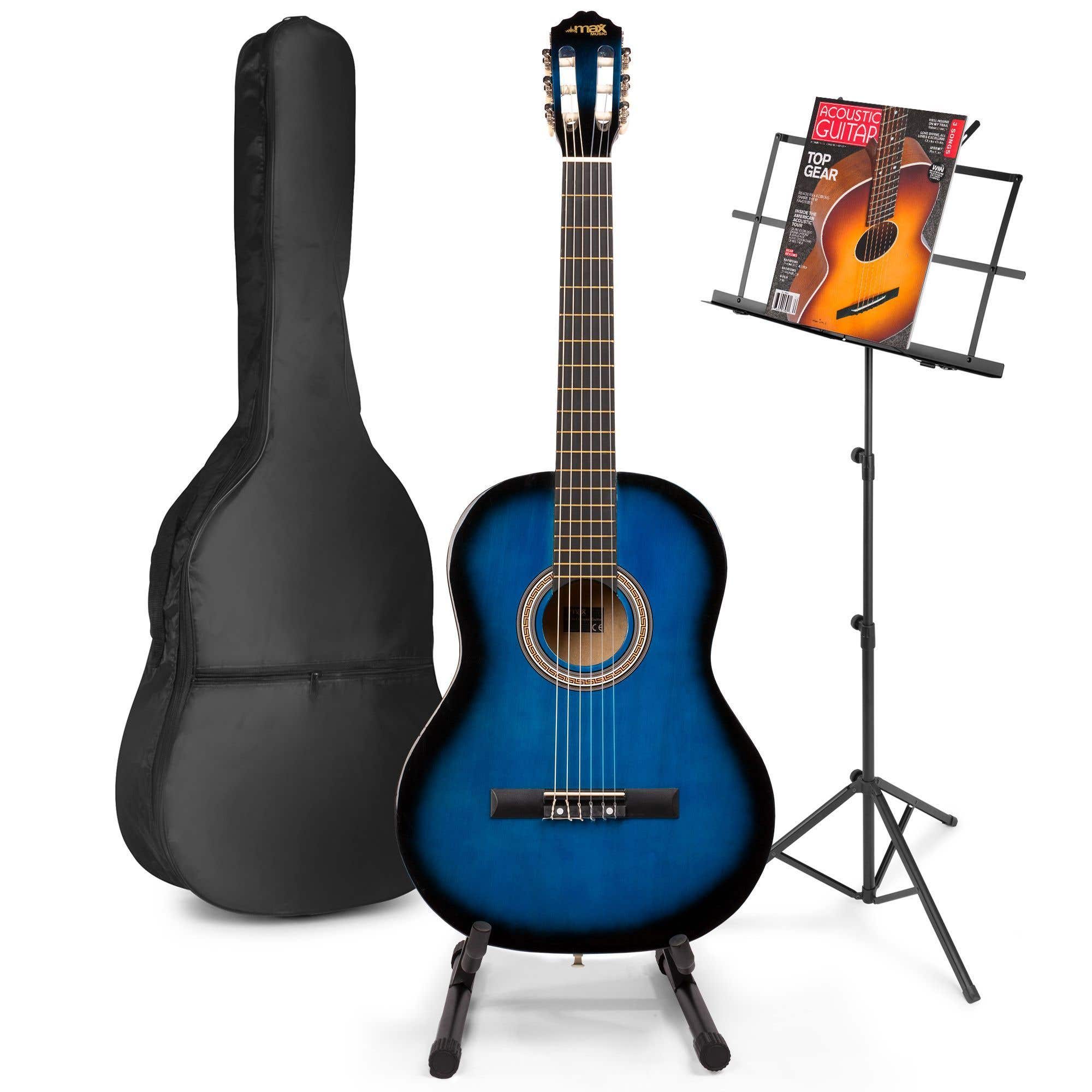 Max SoloArt - Guitare Acoustique Classique Pack Débutant avec Pupitre et Stand - Bleue