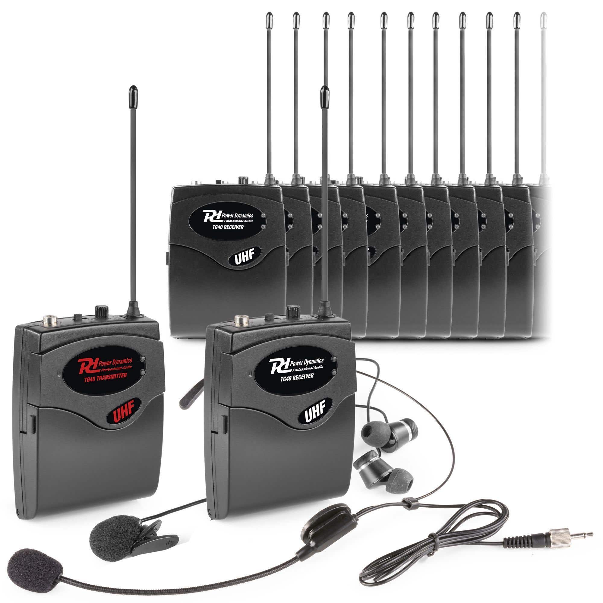 Power Dynamics TG40 - Audiophone visite guidée - 1 émetteur et 20 récepteurs - Portée 50m 