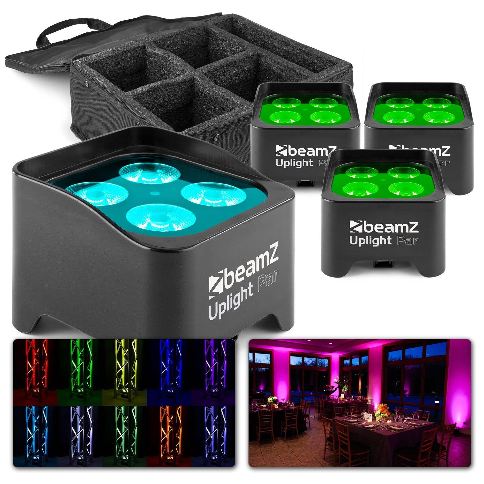 BeamZ BBP90 - 4x Projecteurs d'Ambiance sur Batterie 4 x 4 Watts RGB-UV - Noir + Sac de Transport