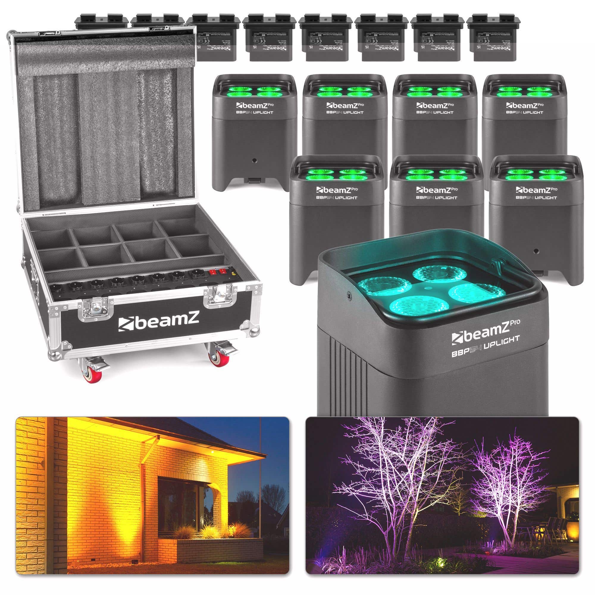 BeamZ BBP54 - Lot de 8 Projecteurs PAR Uplight sur Baterie IP65 RGBAW-UV WDMX 48 Watts avec Flightcase + 8 Batteries Supplémentaires