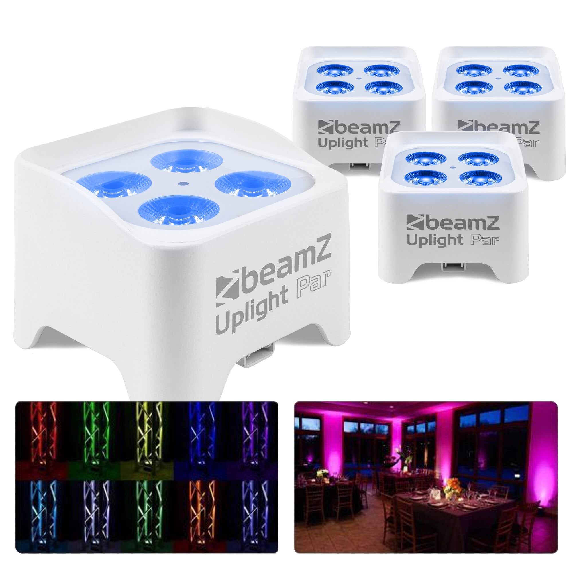 BeamZ BBP90 - 4x Projecteurs d'Ambiance sur Batterie 4 x 4 Watts RGB-UV - Blanc