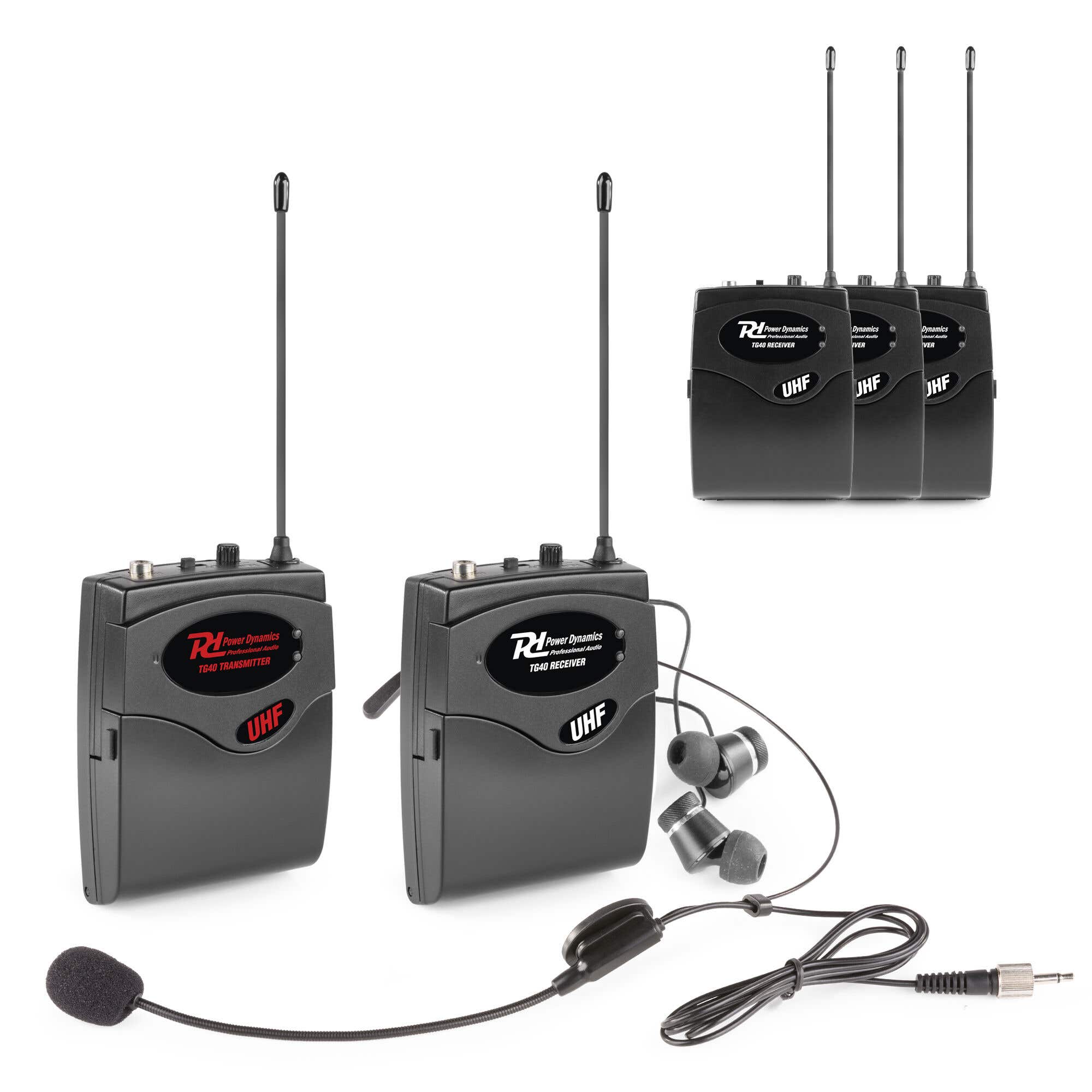 Power Dynamics TG40 - Audiophone Visite Guidée - 1 émetteur et 4 récepteurs - Portée 50m 