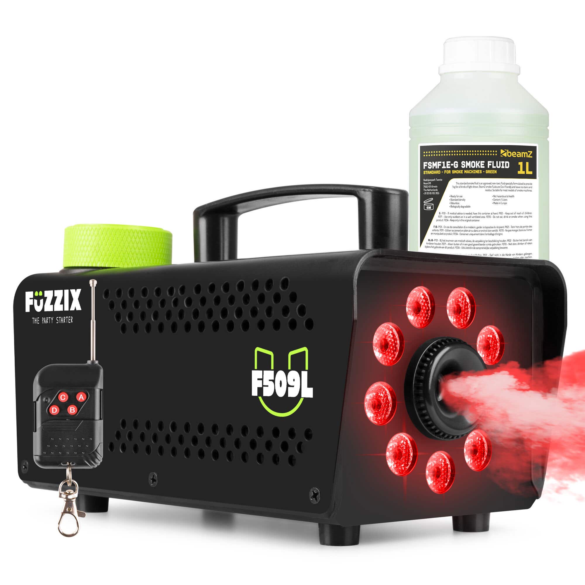 Fuzzix F509L - Machine à Fumée 500 Watts avec 9 LEDs RGB - Noir - 1L de Liquide Inclus 