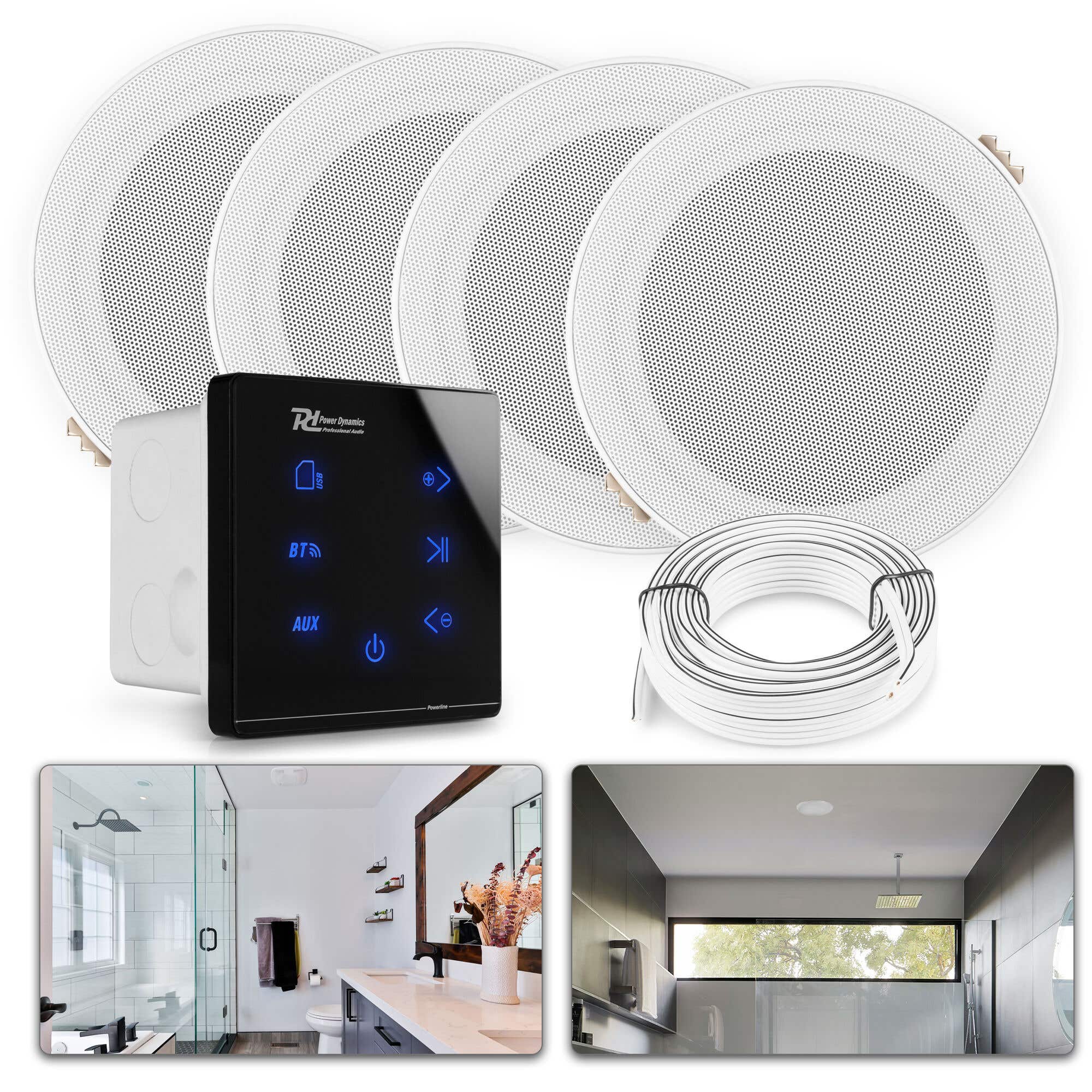 Kit Audio Mural Power Dynamics Powerline B100BSet - Ampli Stéréo 4x25W + 4 Enceintes De Plafond 6,5" - Bluetooth, USB, MicroSD - Installation Discrète Pour Maison Et Pro