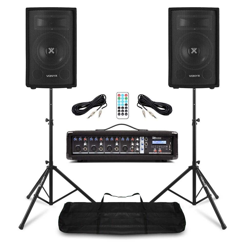 Pack Sono MAX Music / Power Dynamics / Vonyx – 2 Enceintes 8″ + Mixer-Ampli 4 canaux + Pieds & Câbles