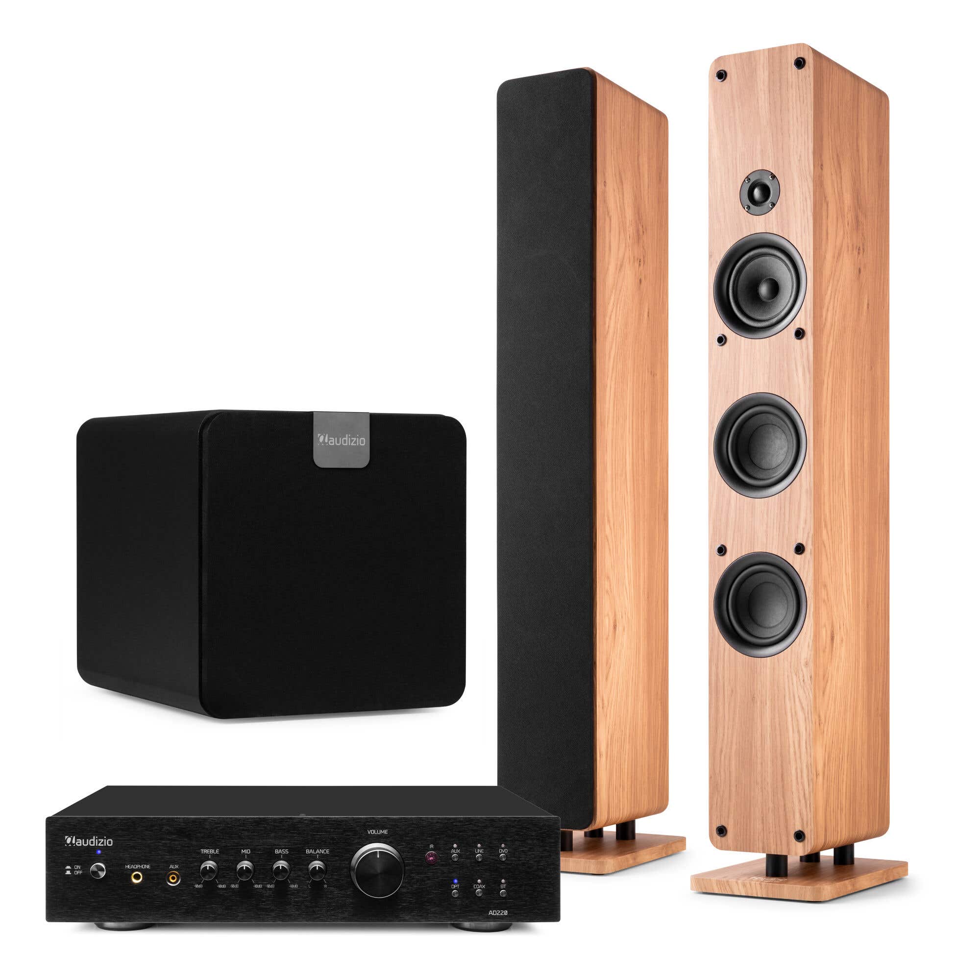 Audizio ARCO - Pack Home Cinema Système Stéréo Chêne Clair 480W avec Enceintes Colonnes, Subwoofer 8" et Amplificateur - Son Puissant Hi-Fi pour Salon et TV. Disponible chez Sono Matériel - Vue 1
