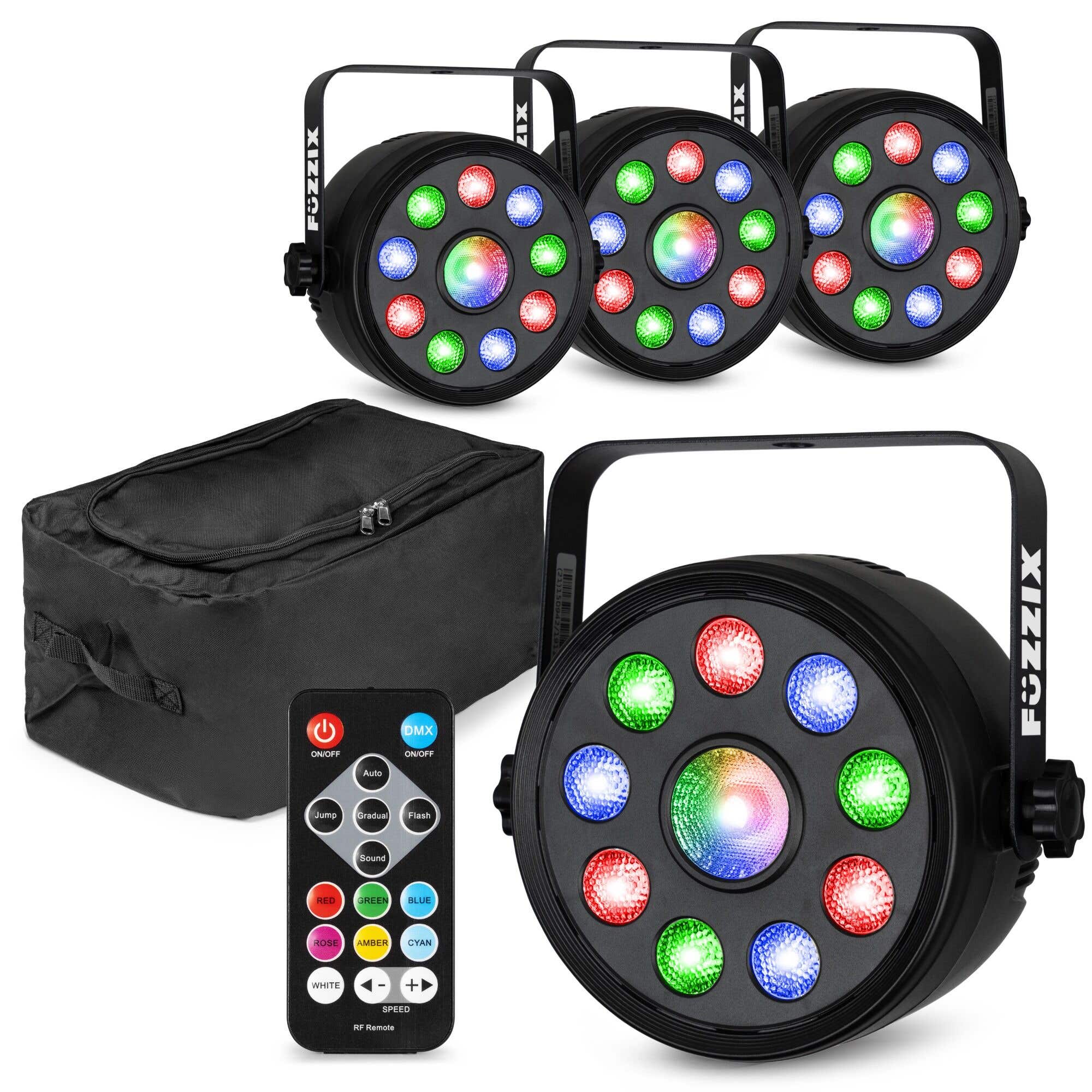 Fuzzix PLF15 - Pack de 4 Projecteurs Party Par RGB DMX - 9 LEDs de 2W et 1 LED 6W chacun avec Télécommande - Sac de Transport inclus