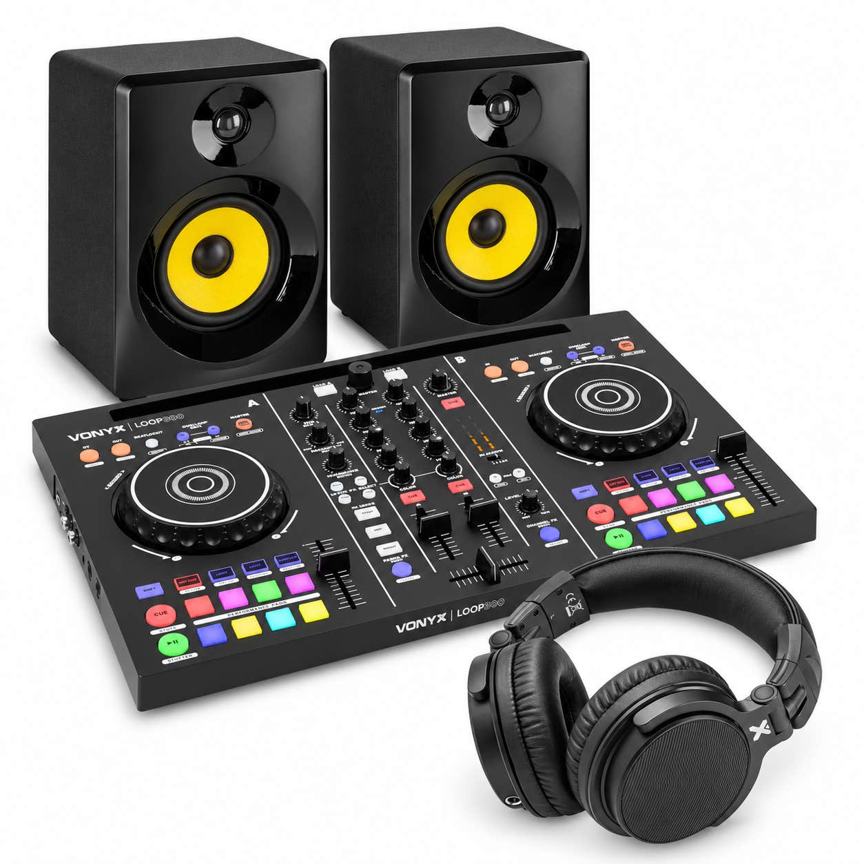 Vonyx Loop300 - Controleur DJ MIDI 2 Platines avec Virtual DJ LE, Entrée Micro et Paire d'Enceintes