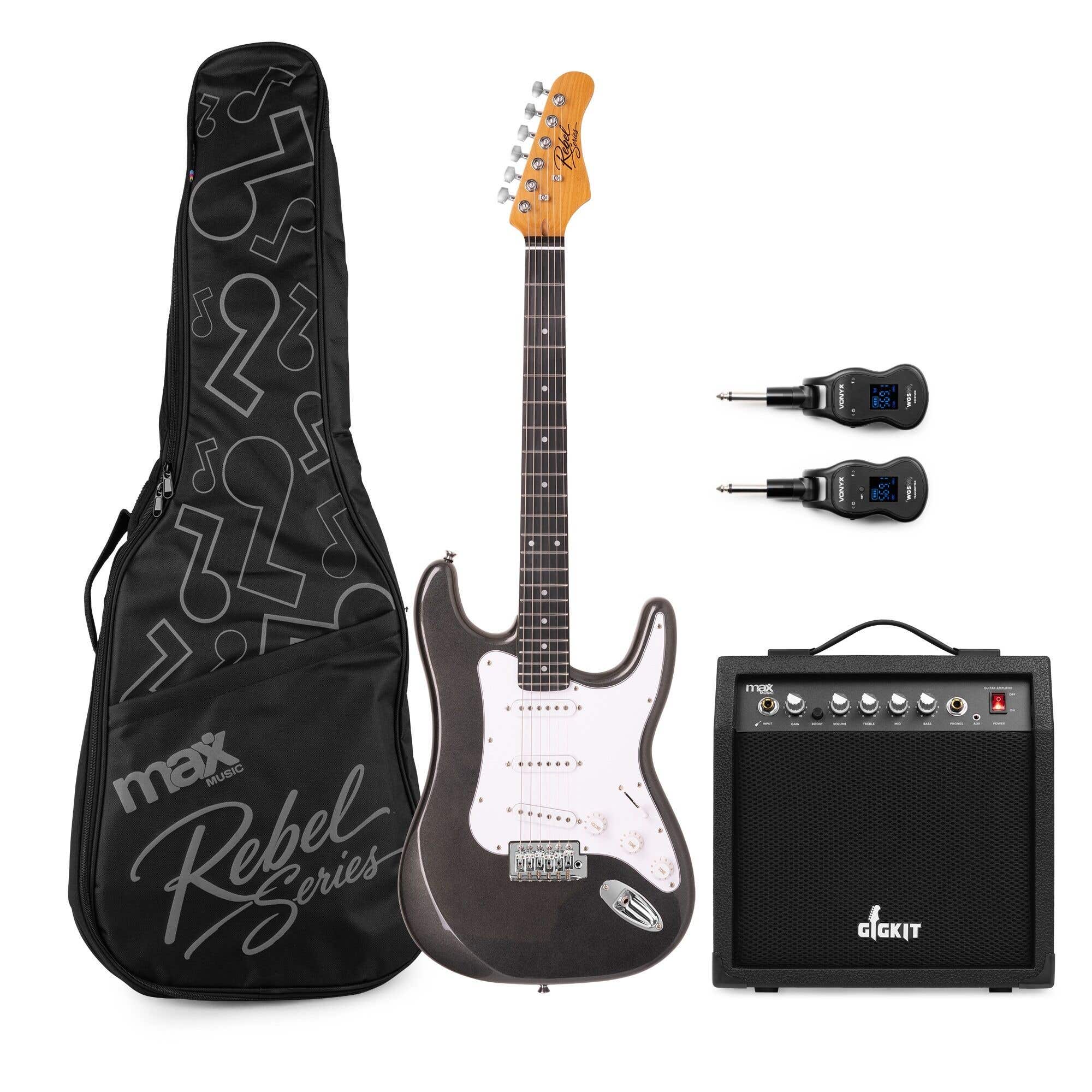 MAX Rebel ST Pack Guitare Électrique Sans Fil, Manche en Érable Torréfié, Housse et Amplificateur inclus, Noir Métallisé