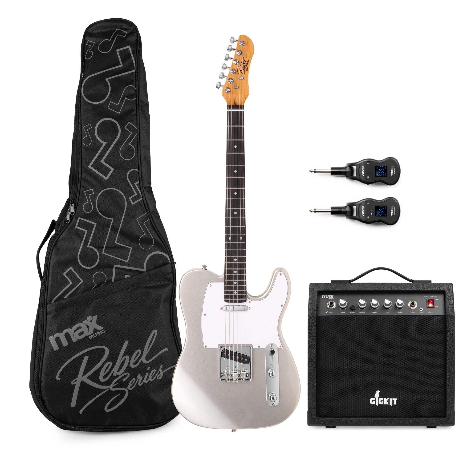 MAX Rebel TE Pack Guitare Électrique Sans Fil, Manche en Érable Torréfié, Housse et Amplificateur inclus, Argent