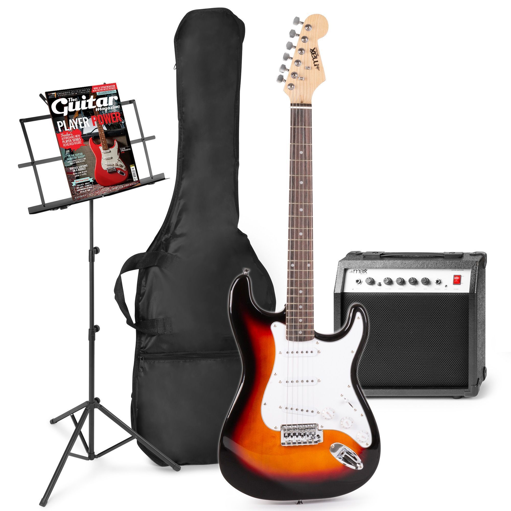 MAX GigKit Set de Guitare Électrique Comprenant la Musique et le Support de  Guitare - Sunburst