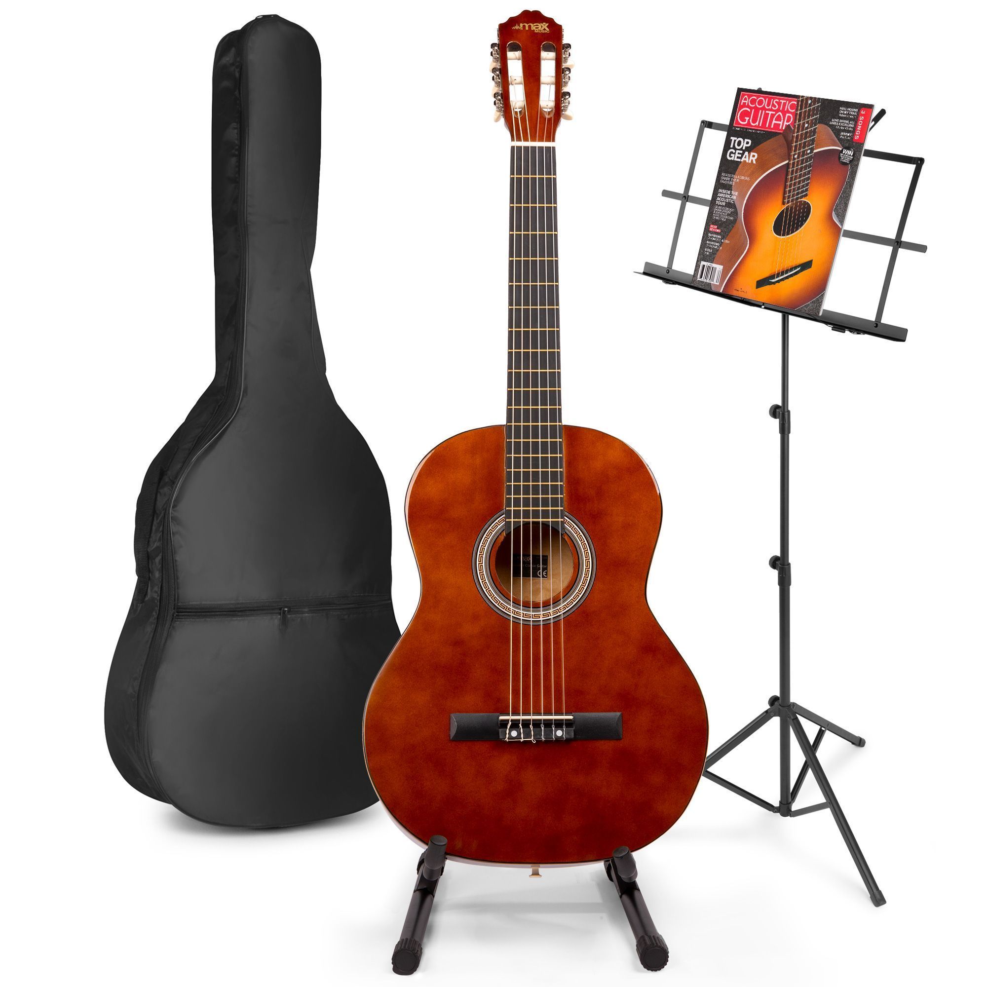 MAX SoloArt Guitare Acoustique Classique avec Support de Guitare - Bois