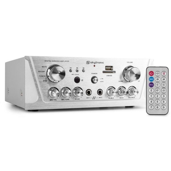 SkyTronic AV420S - Amplificateur karaoké FM/USB/SD - Argent