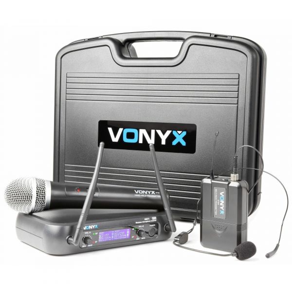 livré avec valise robuste Vonyx WM73C Micros sans fil UHF double antenne sur récepteur idéal conférences et présentations micro main sans fil et micro-casque 2 canaux affichage LCD 