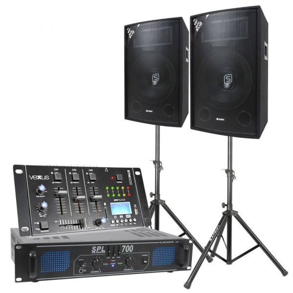 SkyTec Système audio complet Bluetooth DJ enceintes 700W avec pieds, ampli et table de mixage