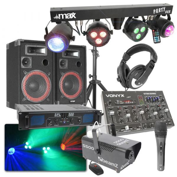 SKYTEC Ensemble Disco DJ - Enceinte 500W, Lumières, Amplificateur, Machine à Fumée et Table de Mixage