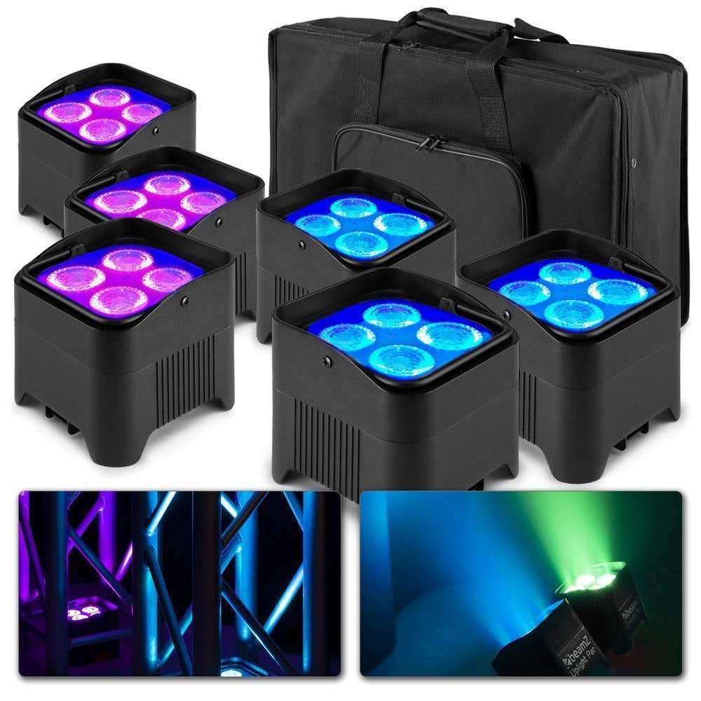 BeamZ BBP94W - Lot de 6 Projecteurs PAR Uplight sur Batterie RGBWA WDMX 48 Watts avec Valise