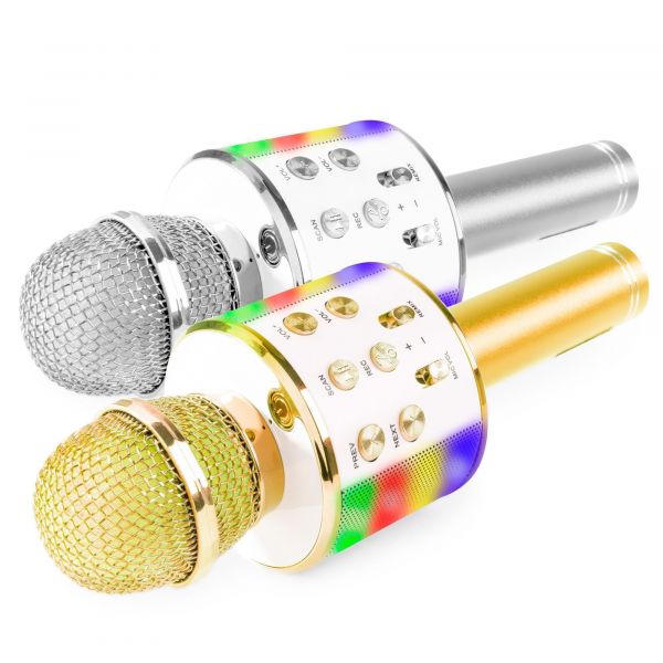 MAX KM15 Bluetooth Karaoke microphones - Set of 2 - Avec LEDs et mp3 - Silver + Gold