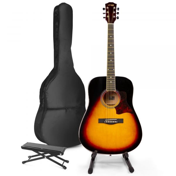 MAX SoloJam Western Guitare Acoustique avec Support de Guitare et Repose-Pied - Sunburst