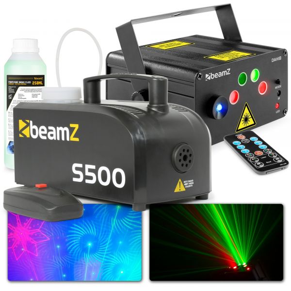 BeamZ S500-P - Machine à fumée en plastique avec liquide et double laser vert et rouge + LED bleu